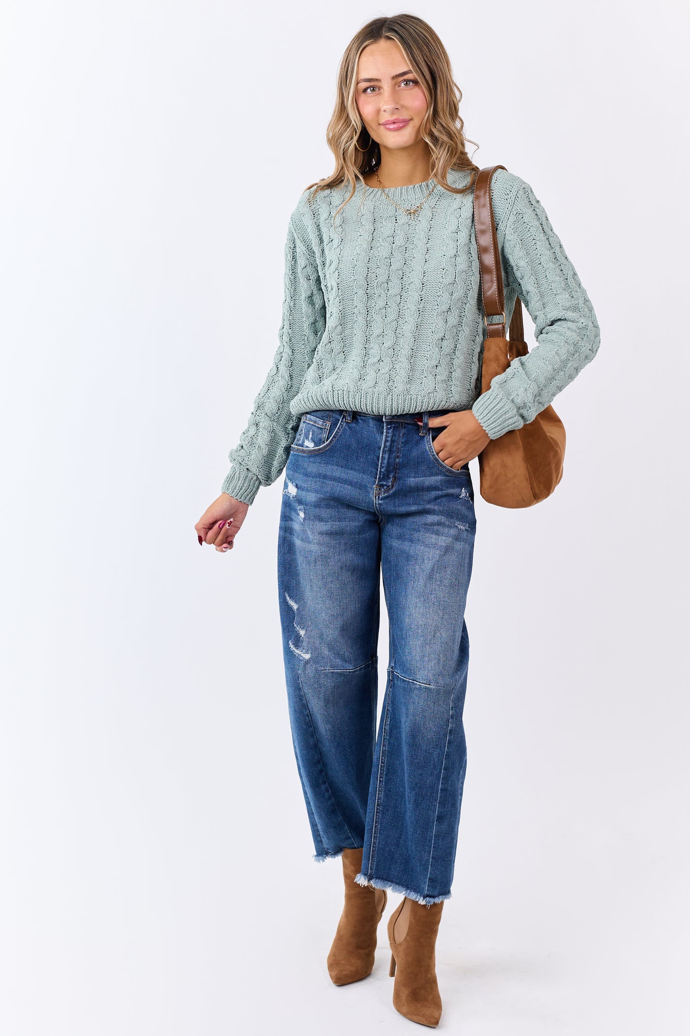 Mint Green Chenille Cable Knit Sweater