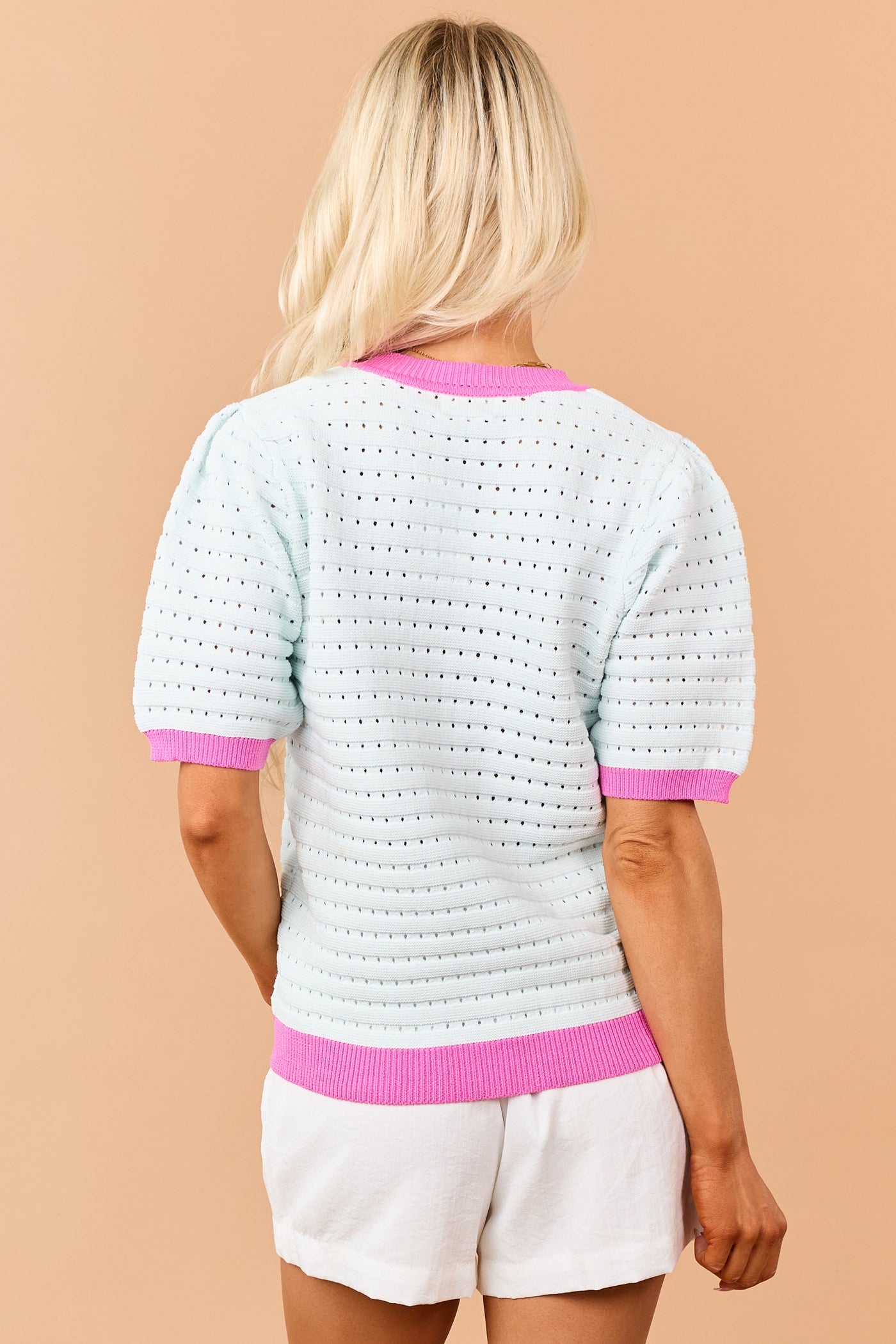 Mint Pointelle Knit Contrast Trim Short Sleeve Top