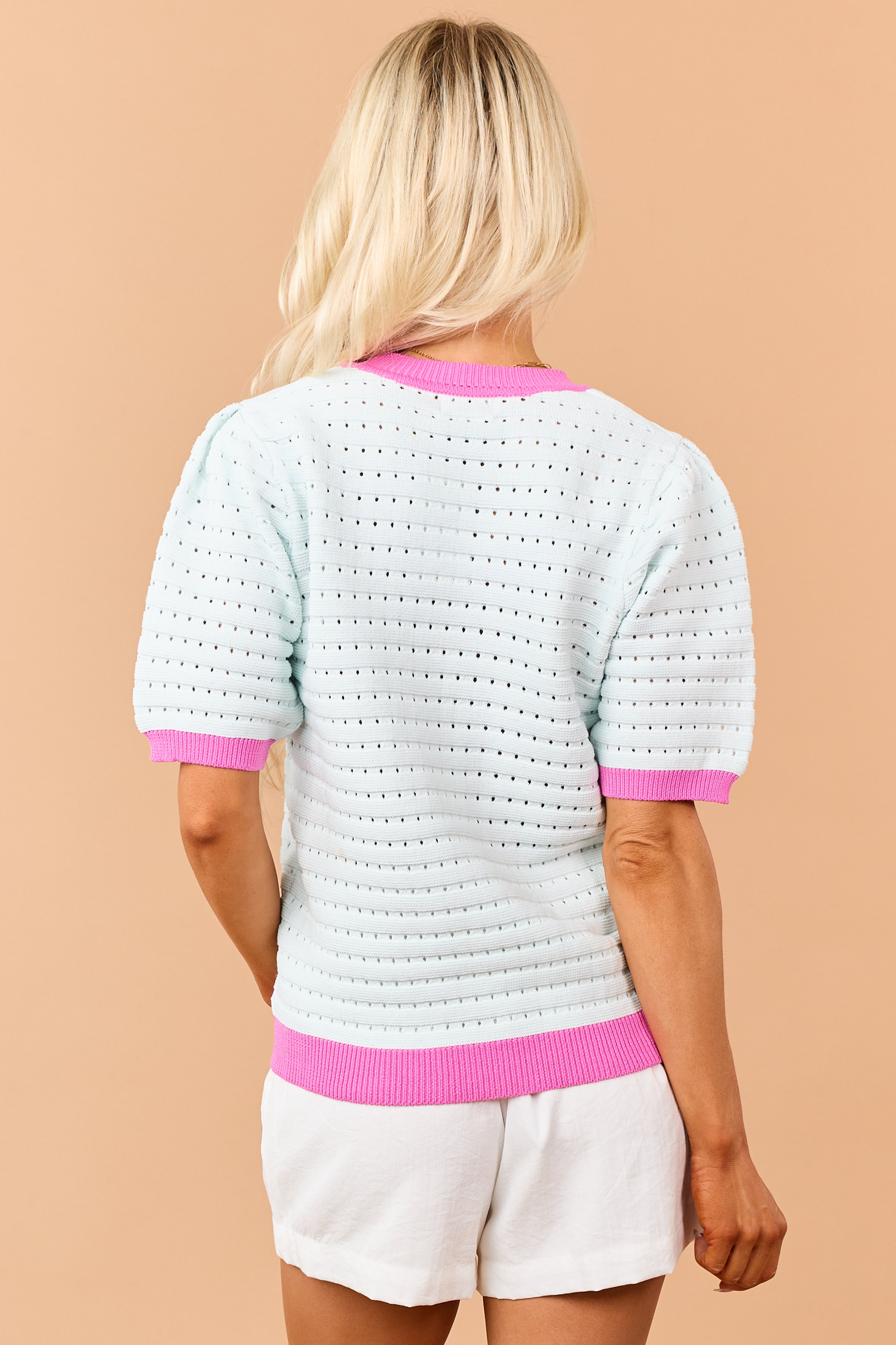 Mint Pointelle Knit Contrast Trim Short Sleeve Top