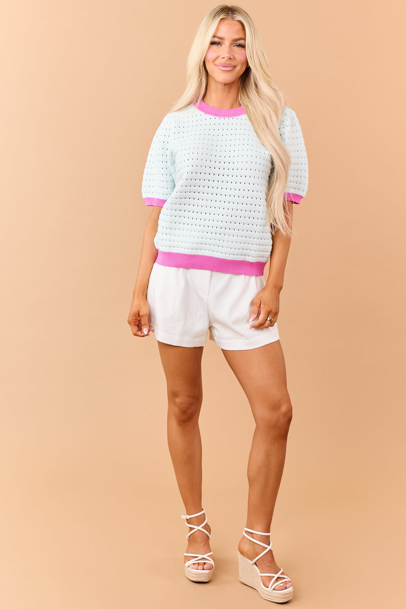 Mint Pointelle Knit Contrast Trim Short Sleeve Top