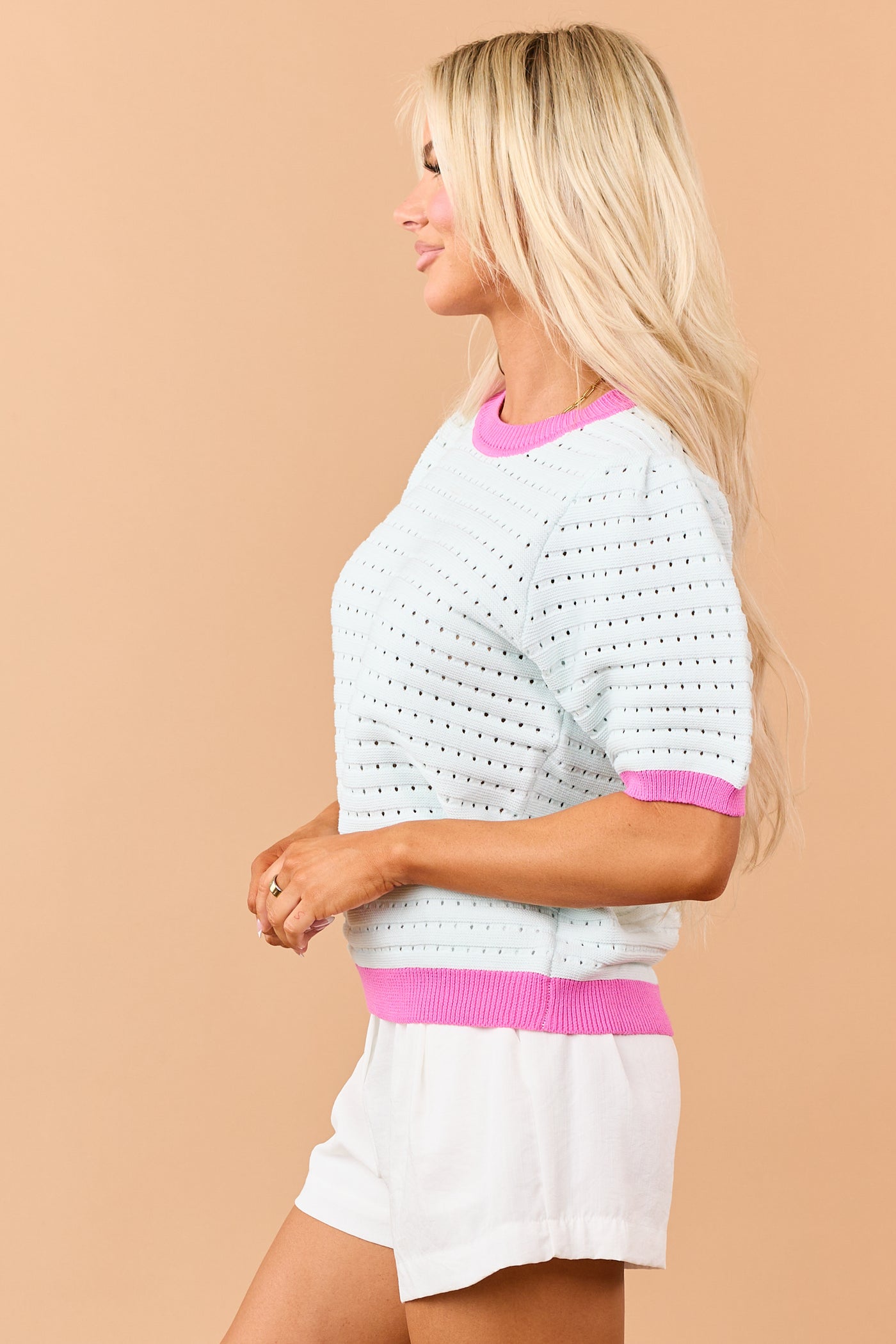 Mint Pointelle Knit Contrast Trim Short Sleeve Top