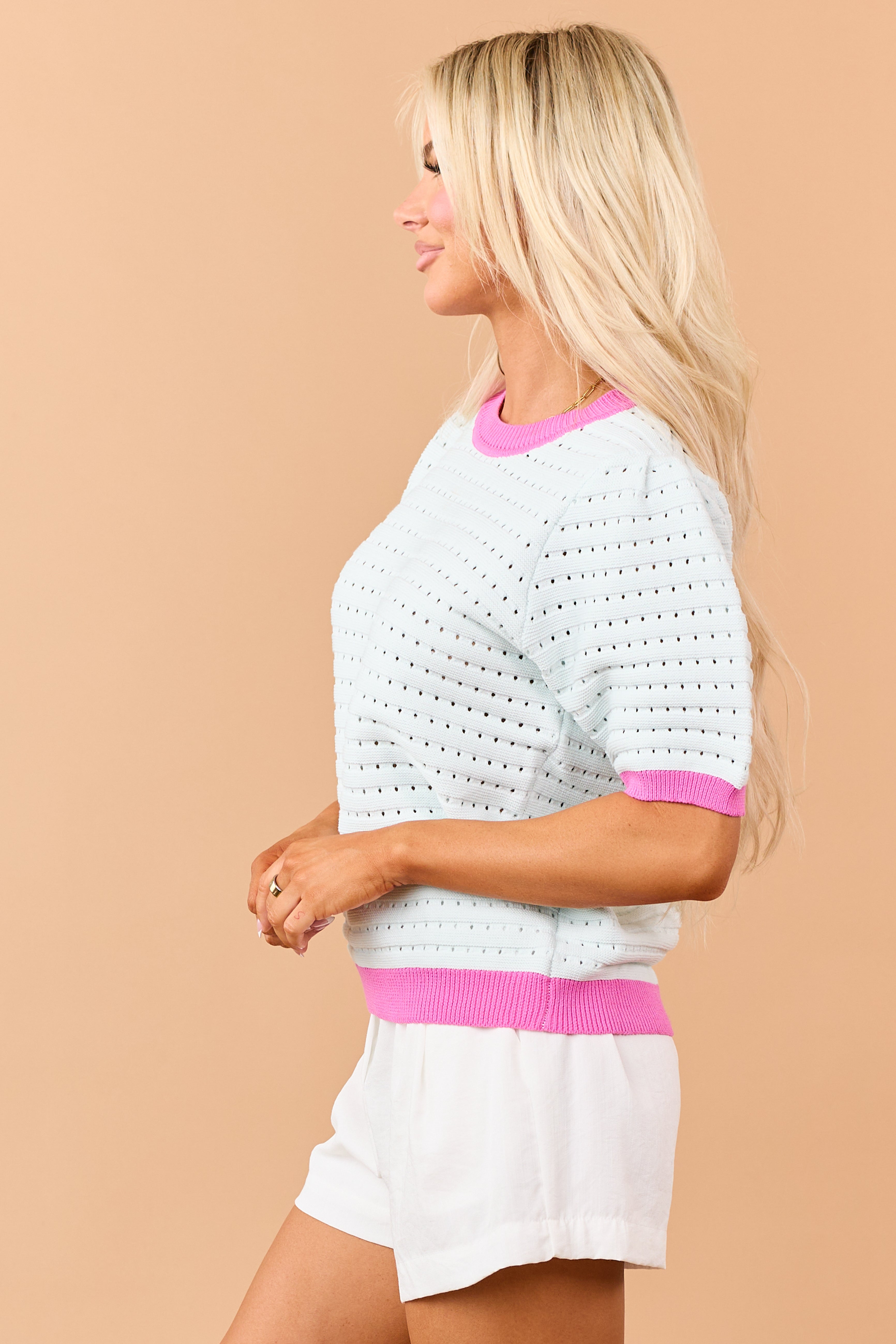 Mint Pointelle Knit Contrast Trim Short Sleeve Top