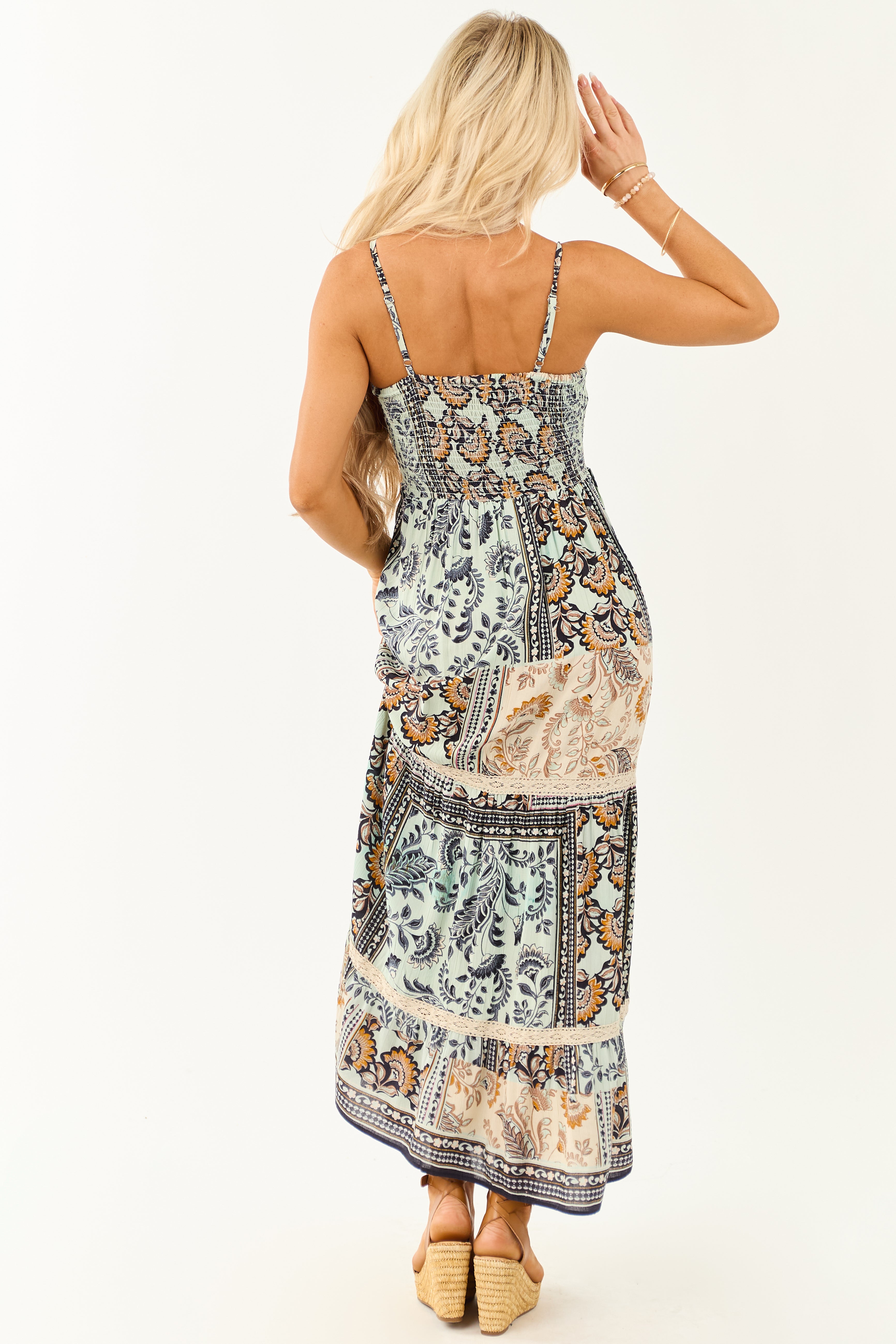 Mint Scarf Print Front Twist Sleeveless Maxi Dress