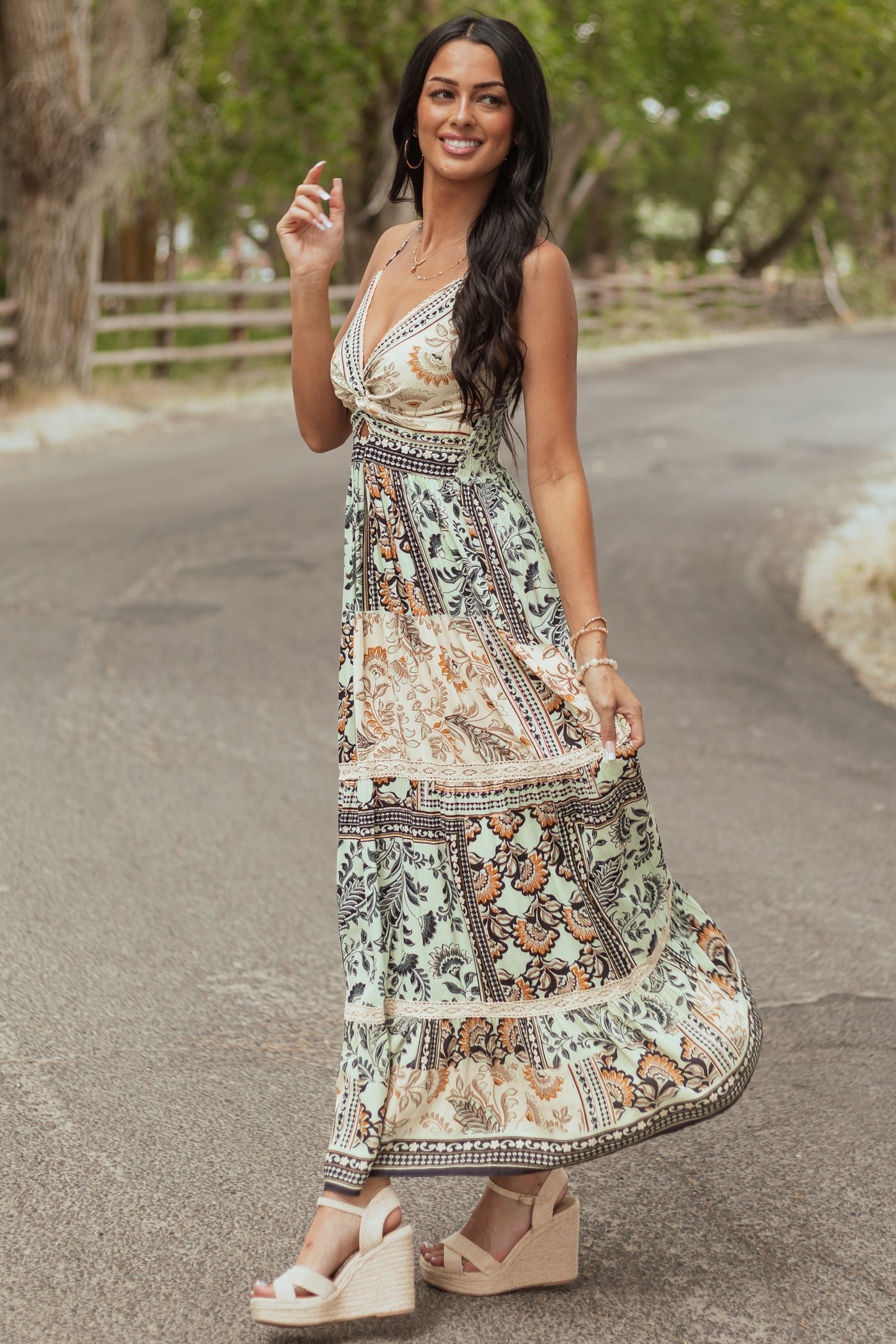 Mint Scarf Print Front Twist Sleeveless Maxi Dress