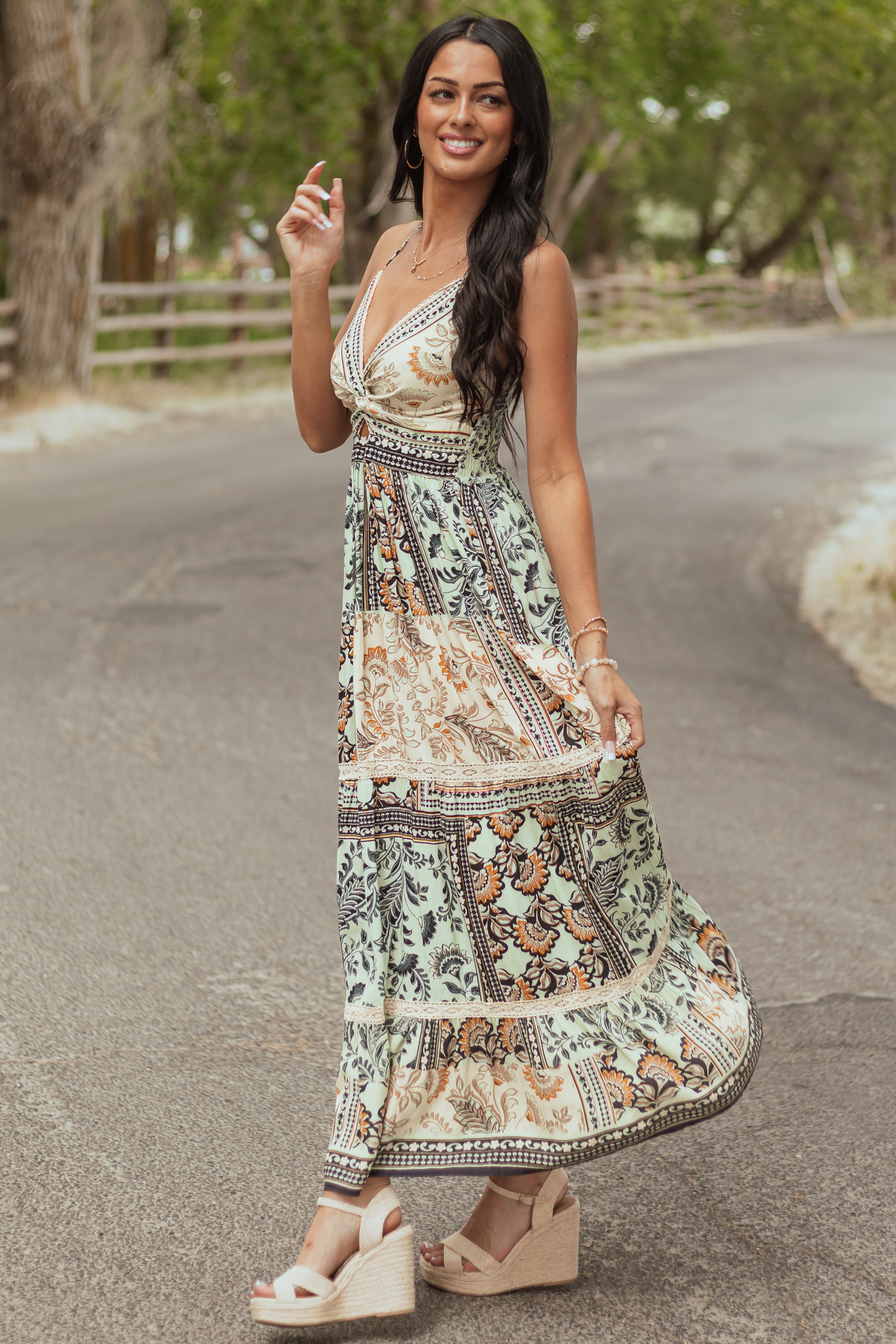 Mint Scarf Print Front Twist Sleeveless Maxi Dress