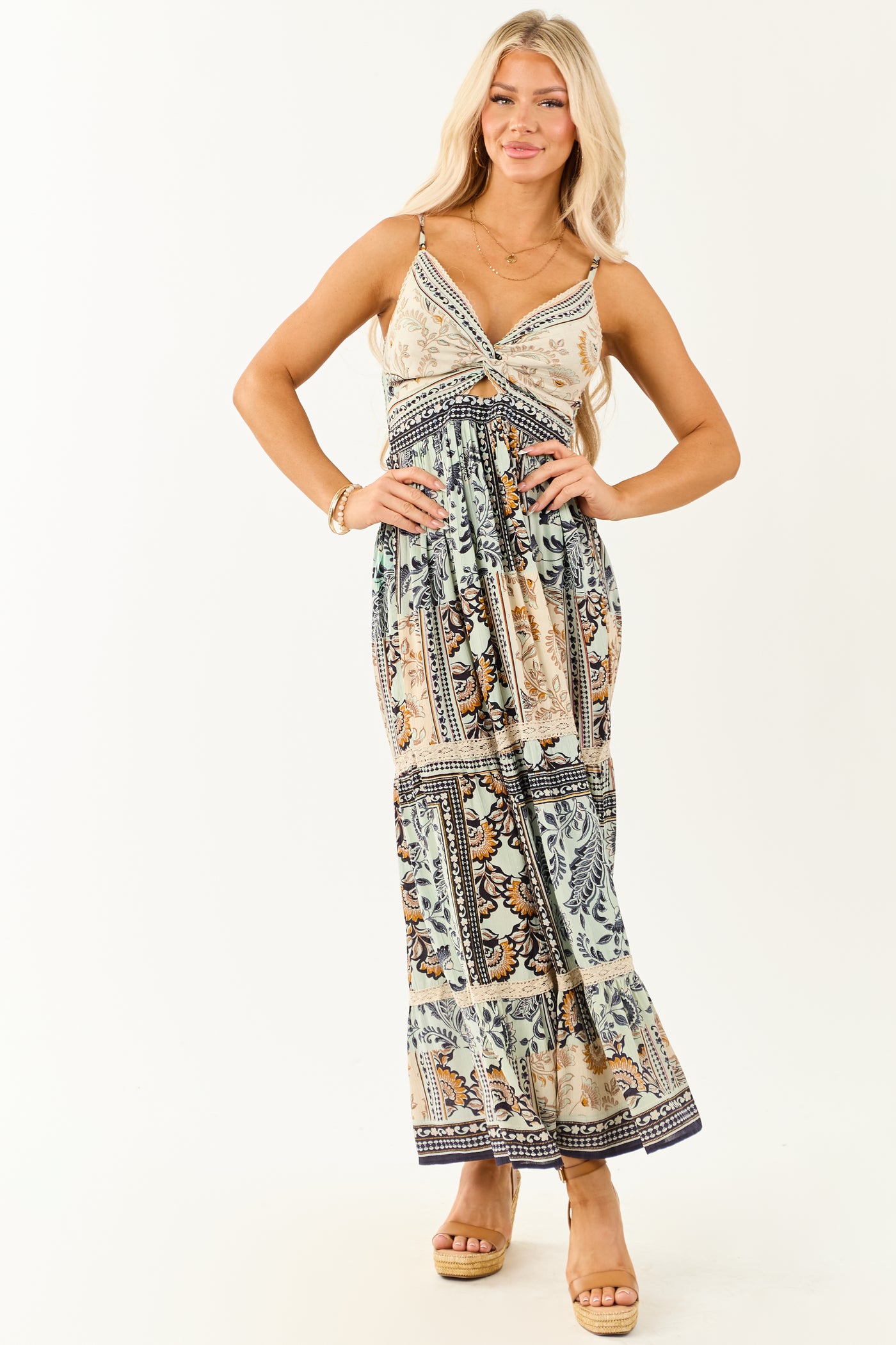Mint Scarf Print Front Twist Sleeveless Maxi Dress