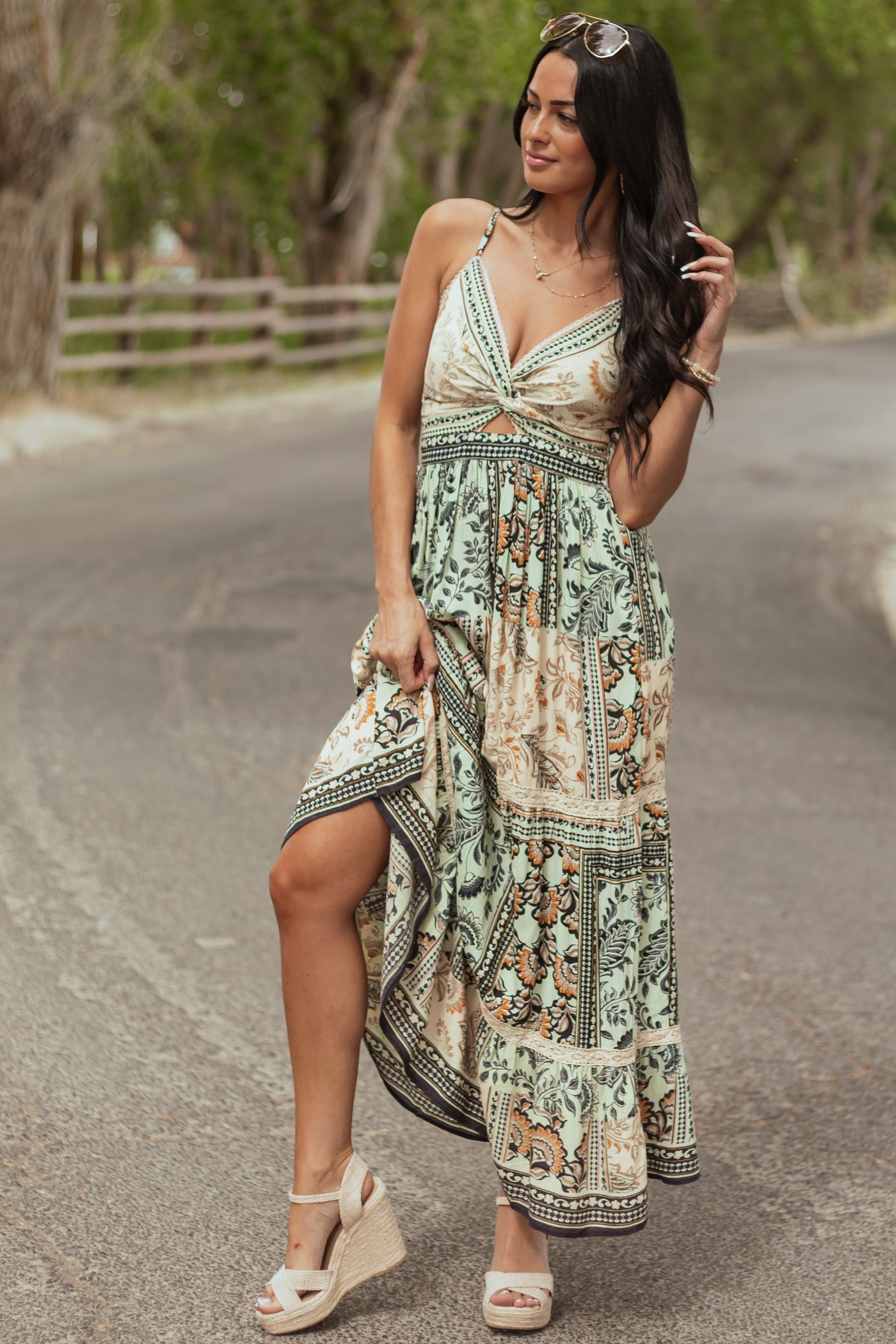 Mint Scarf Print Front Twist Sleeveless Maxi Dress