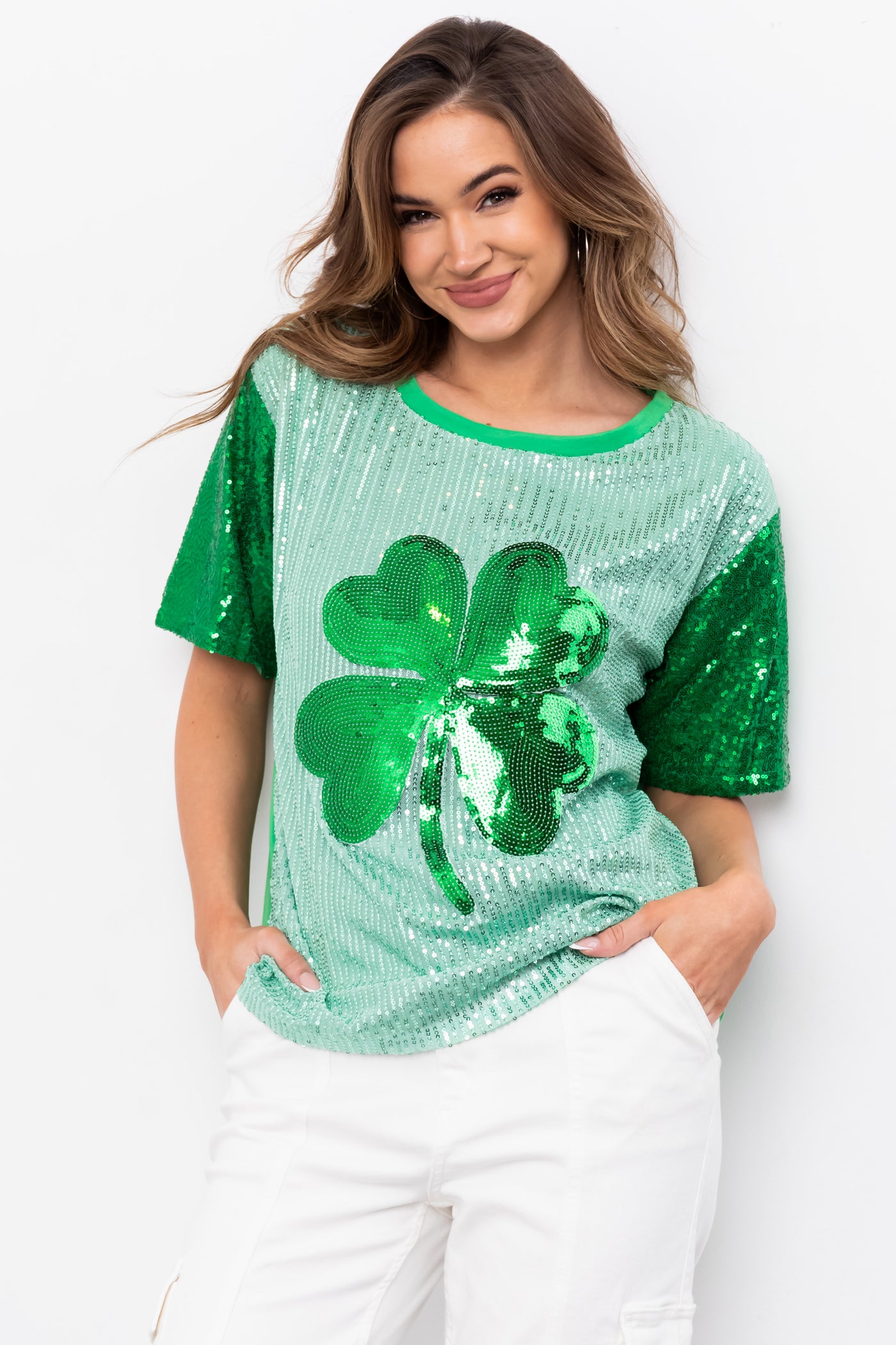 Mint Sequined Clover Graphic Half Sleeve Top