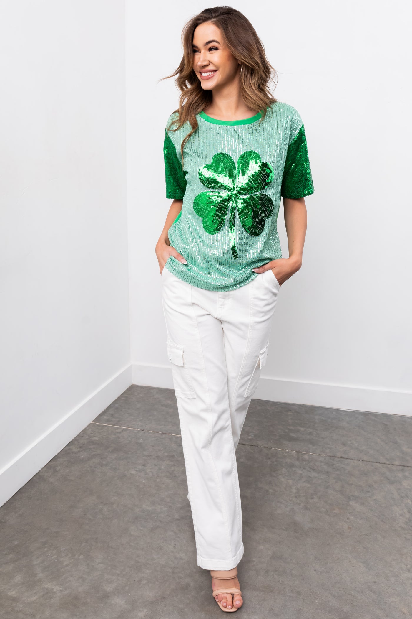 Mint Sequined Clover Graphic Half Sleeve Top