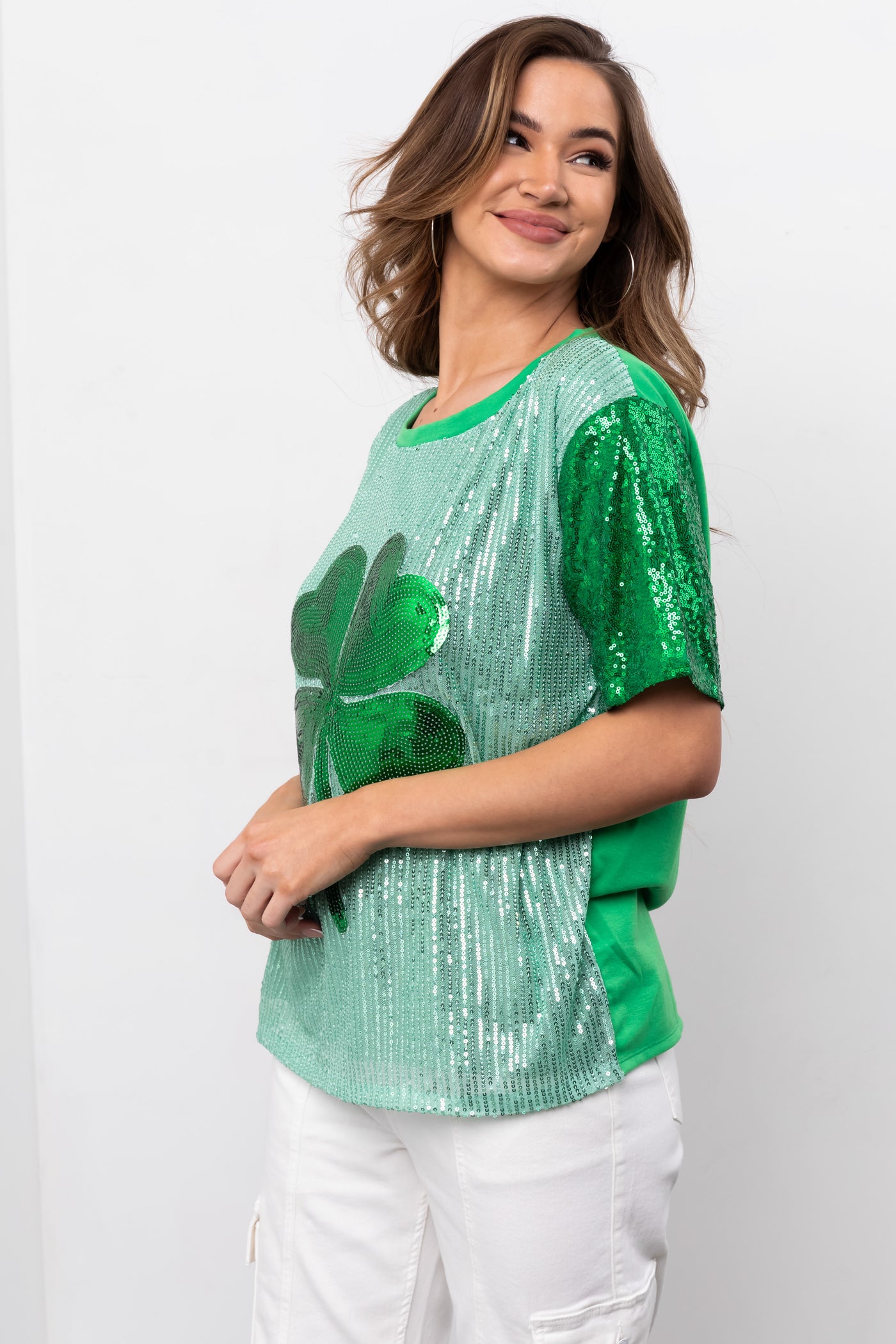 Mint Sequined Clover Graphic Half Sleeve Top