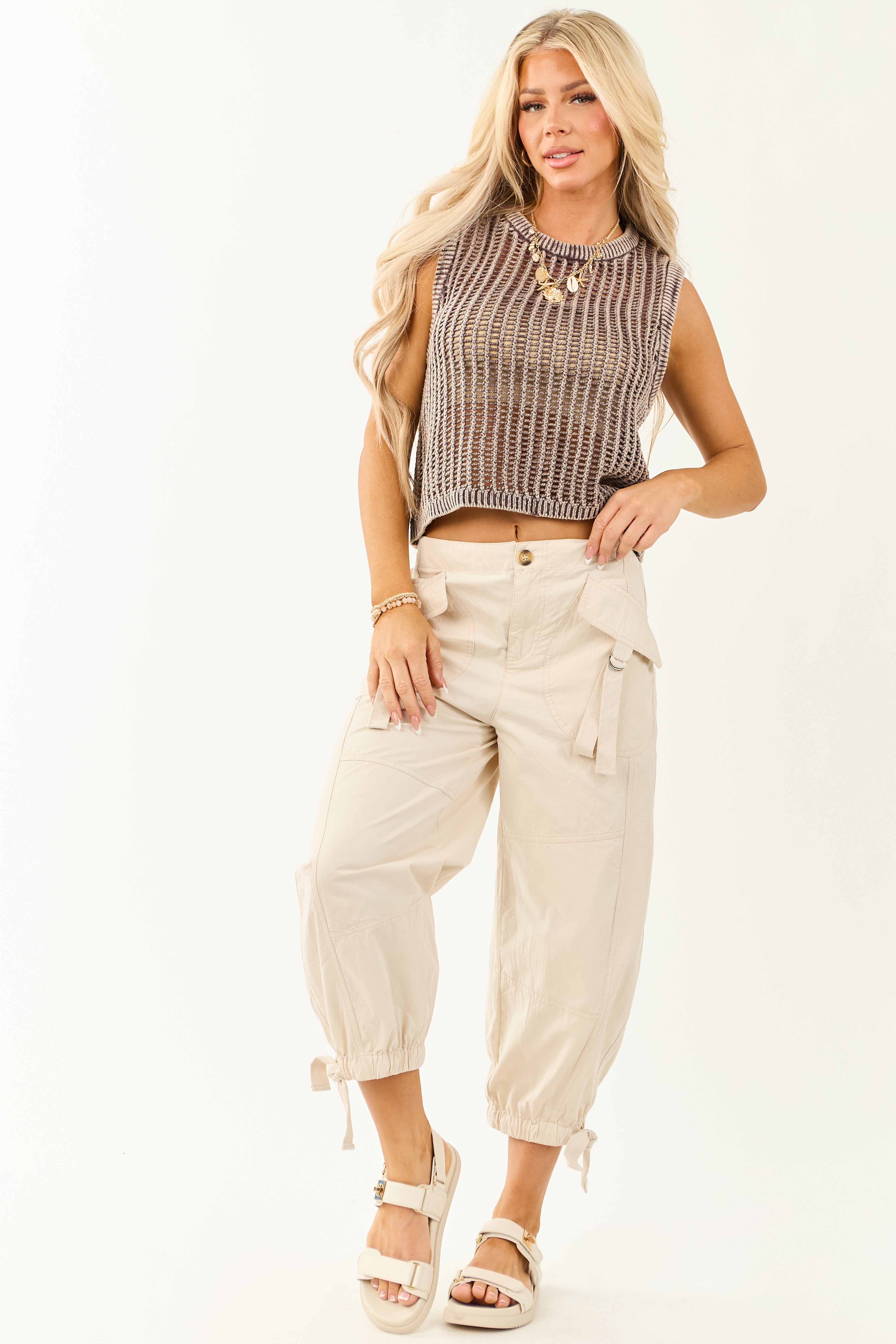 Mocha Acid Wash Open Knit Cropped Tank Top