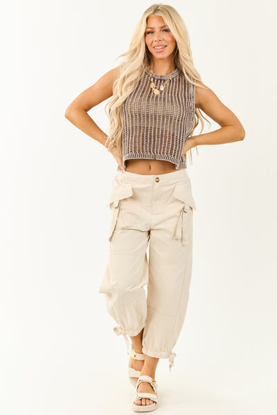 Mocha Acid Wash Open Knit Cropped Tank Top
