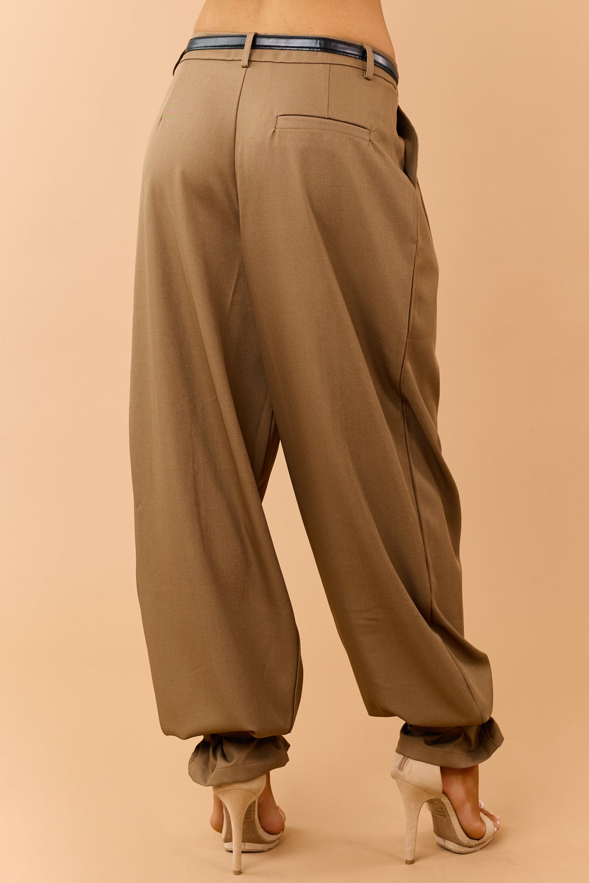 Mocha Belted Wide Leg Strap Hem Relaxed Pants
