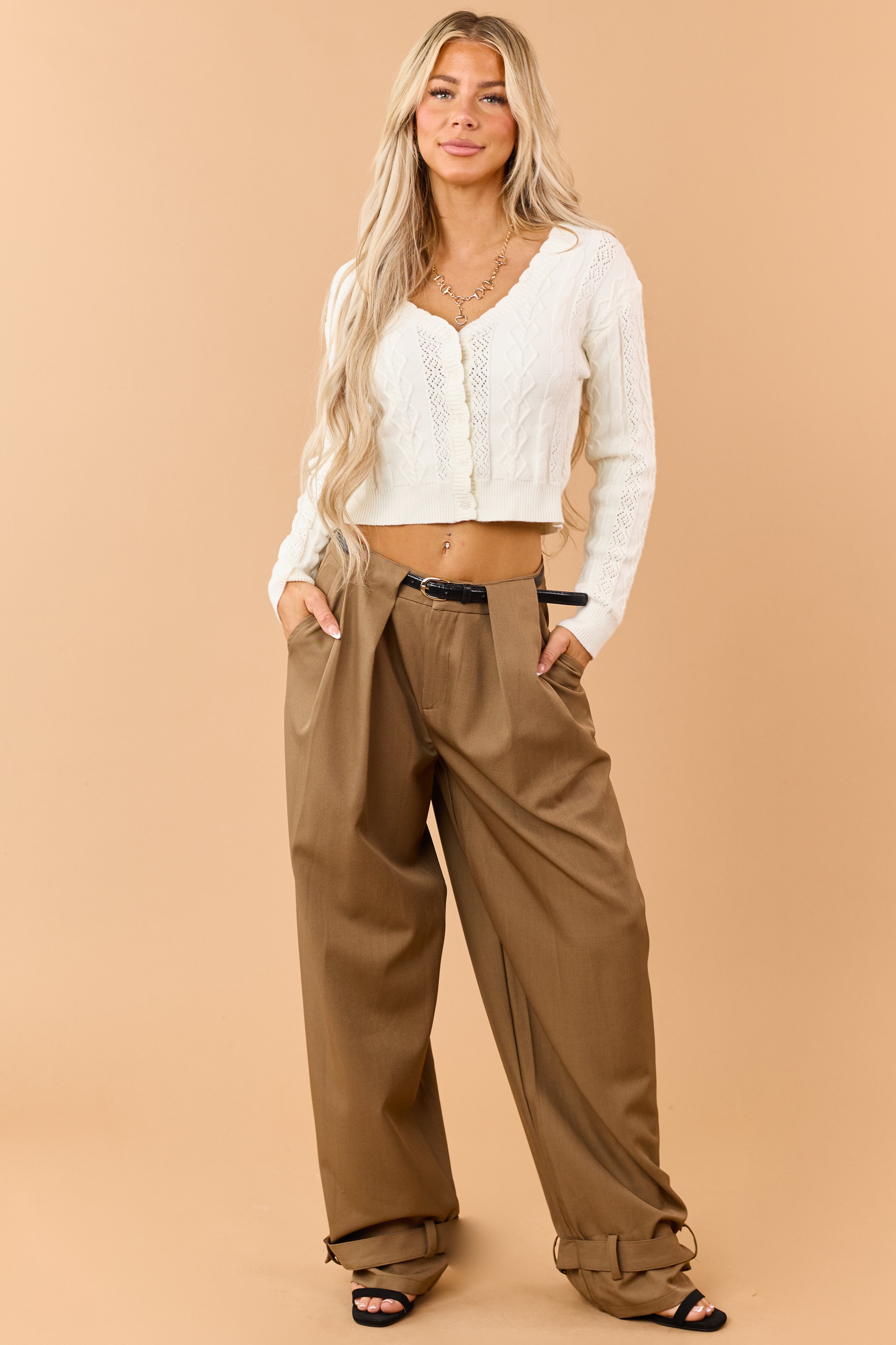 Mocha Belted Wide Leg Strap Hem Relaxed Pants | Lime Lush Boutique