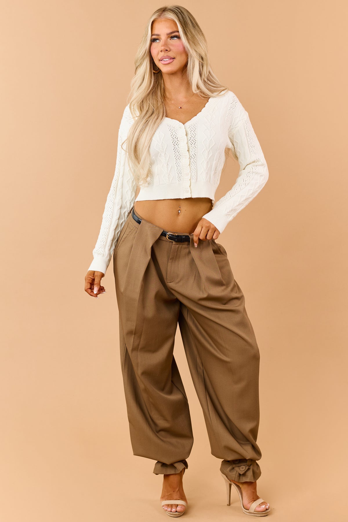 Mocha Belted Wide Leg Strap Hem Relaxed Pants