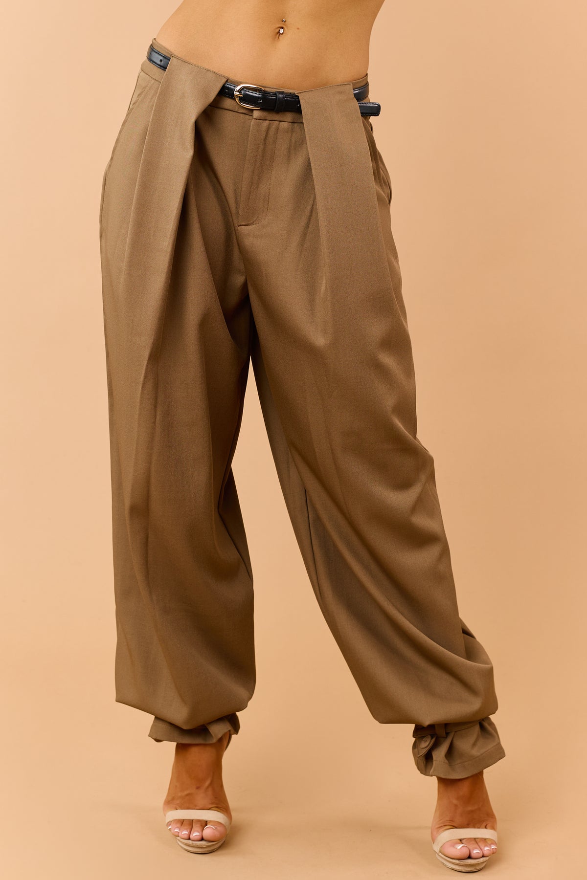 Mocha Belted Wide Leg Strap Hem Relaxed Pants