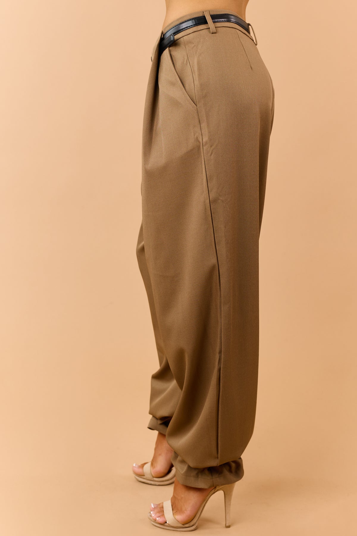 Mocha Belted Wide Leg Strap Hem Relaxed Pants