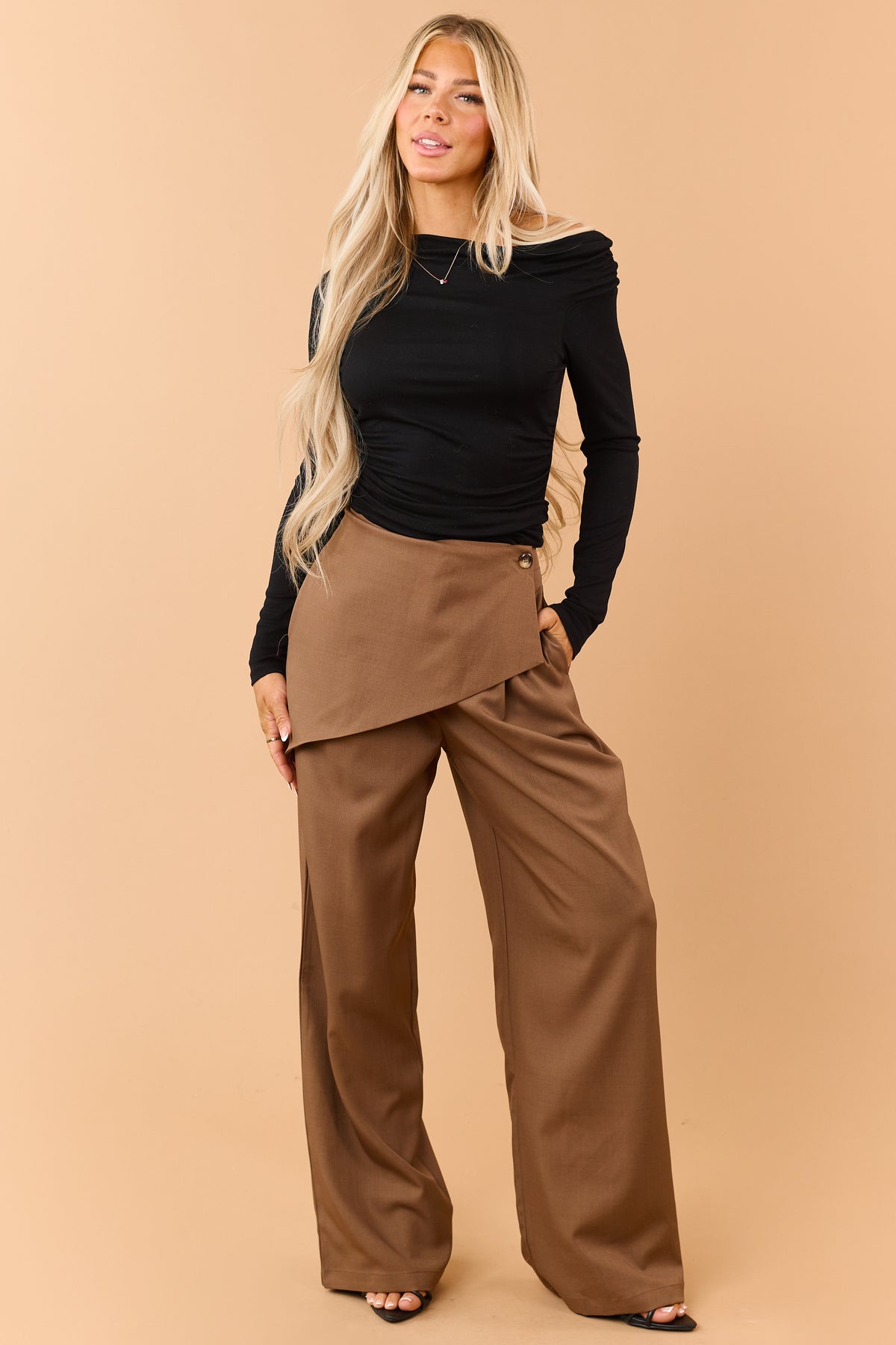Mocha Brown Asymmetrical Wrap Wide Leg Pants