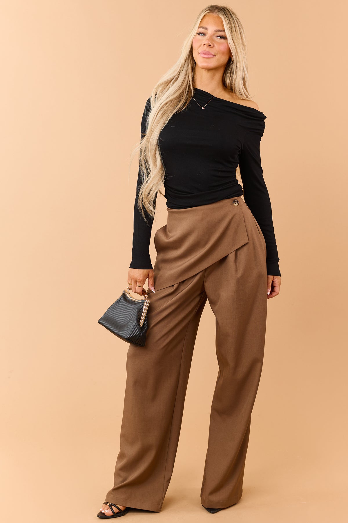 Mocha Brown Asymmetrical Wrap Wide Leg Pants