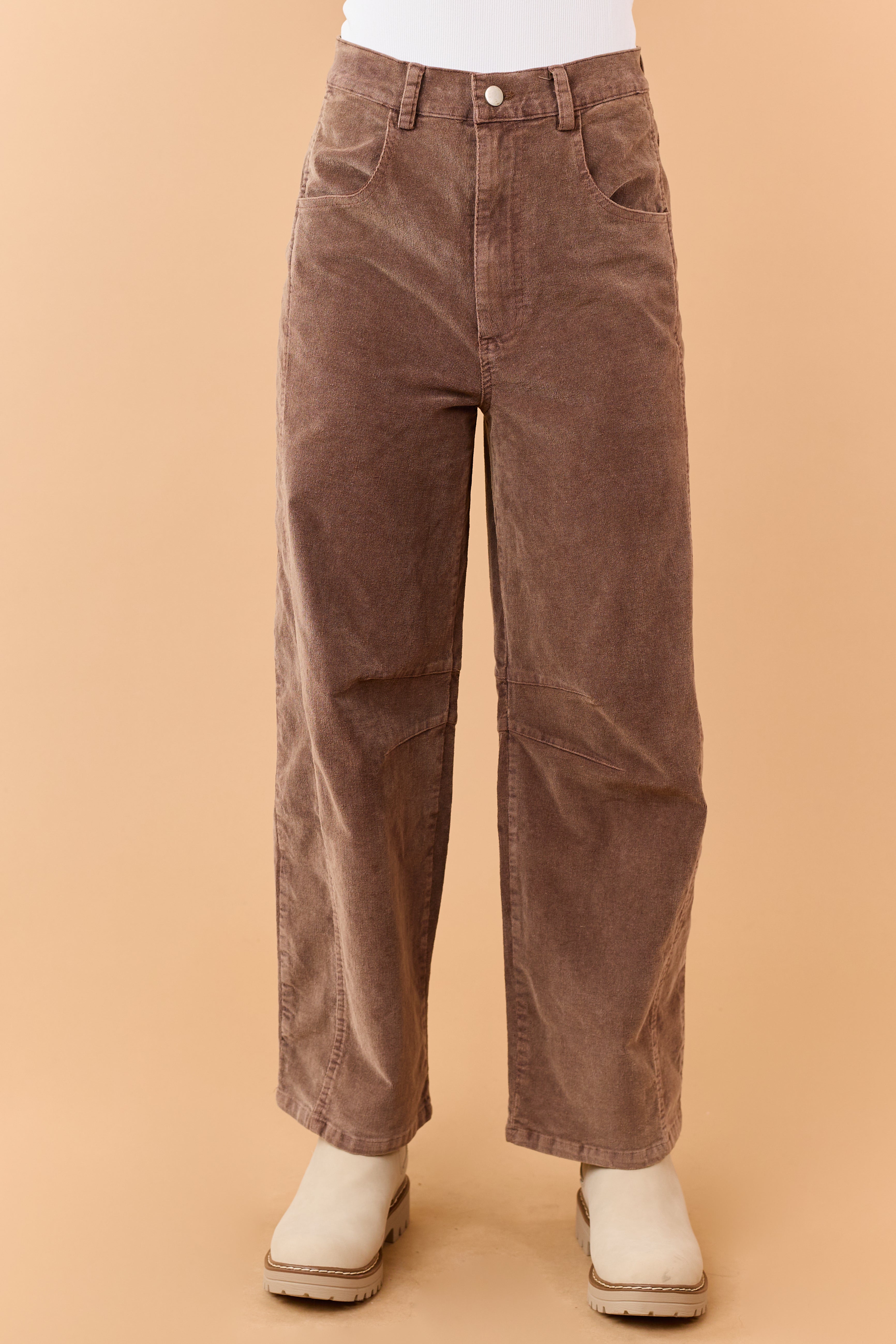Mocha Brown Mineral Wash Corduroy Wide Leg Pants