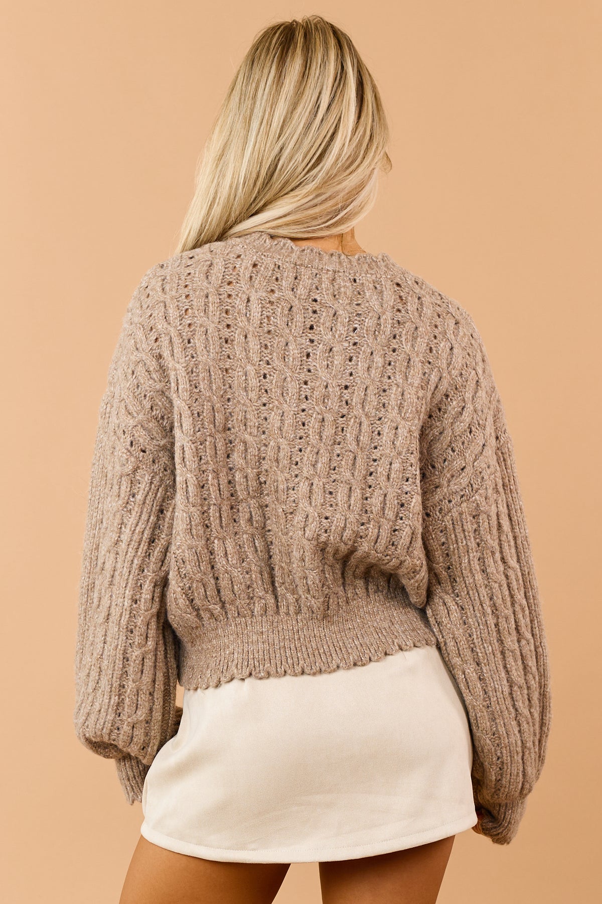 Mocha Brown Pointelle Cable Knit Sweater Cardigan