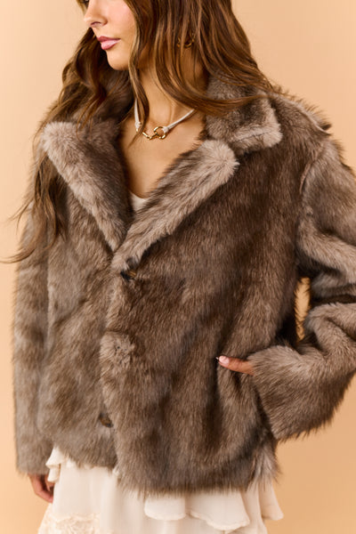 Mocha Brown Reversible Faux Fur Button Down Jacket