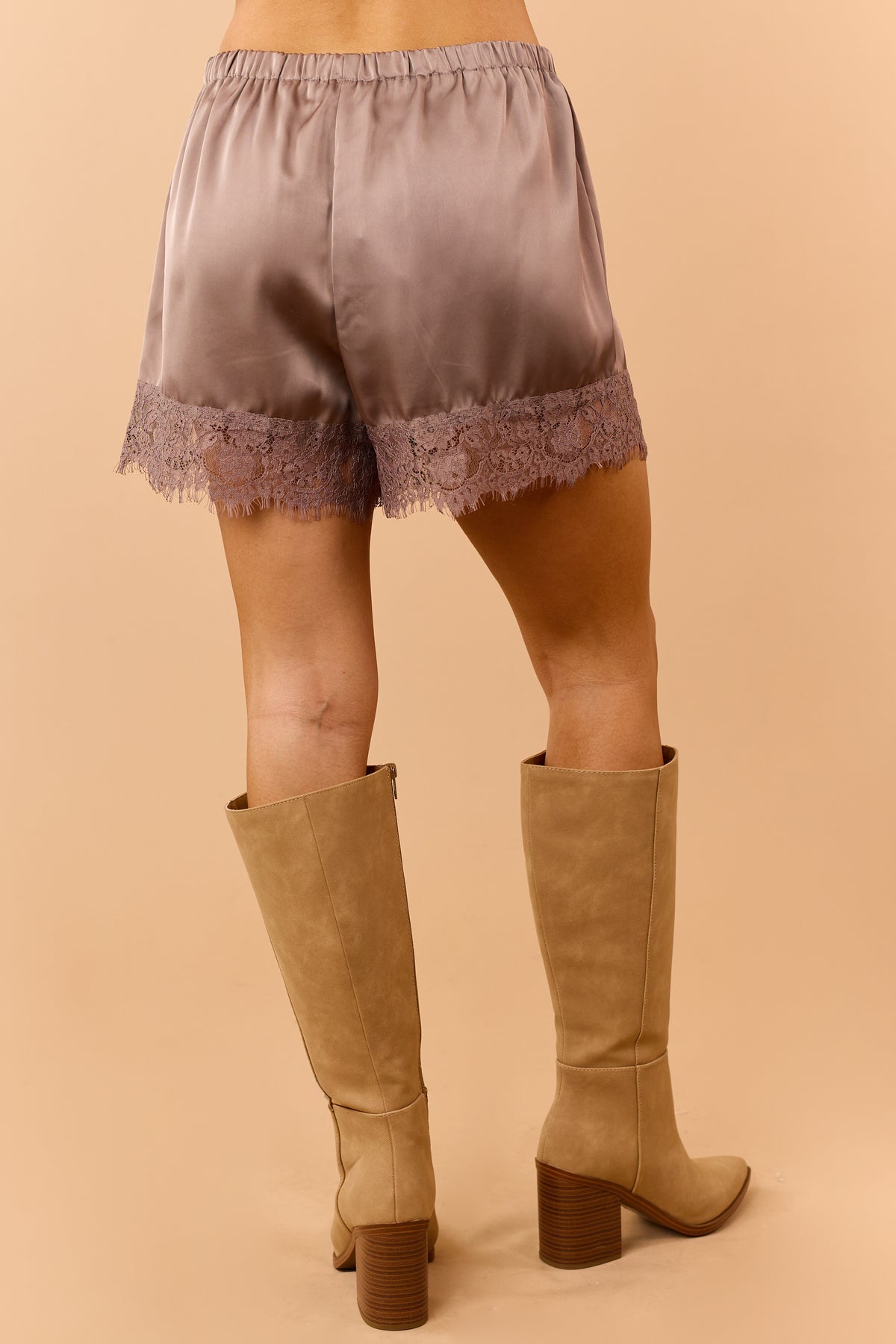 Mocha Brown Satin Lace Trim Elastic Waist Shorts