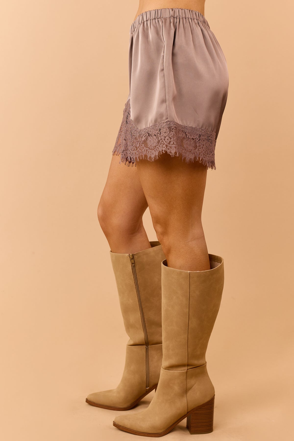 Mocha Brown Satin Lace Trim Elastic Waist Shorts