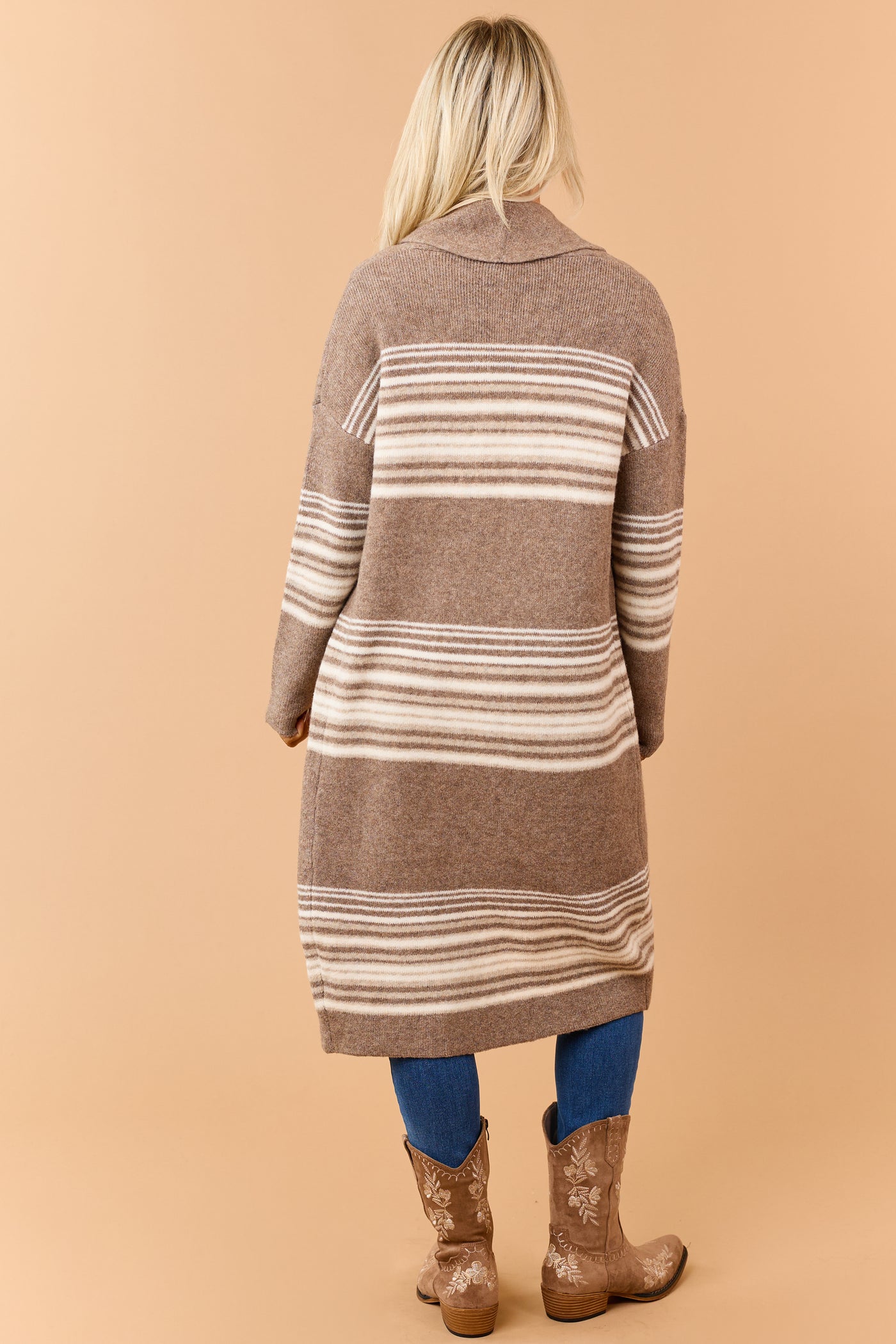 Mocha Brown Striped Open Front Duster Cardigan