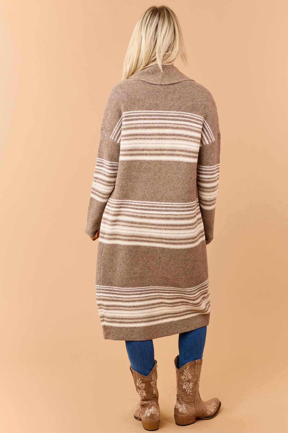 Mocha Brown Striped Open Front Duster Cardigan