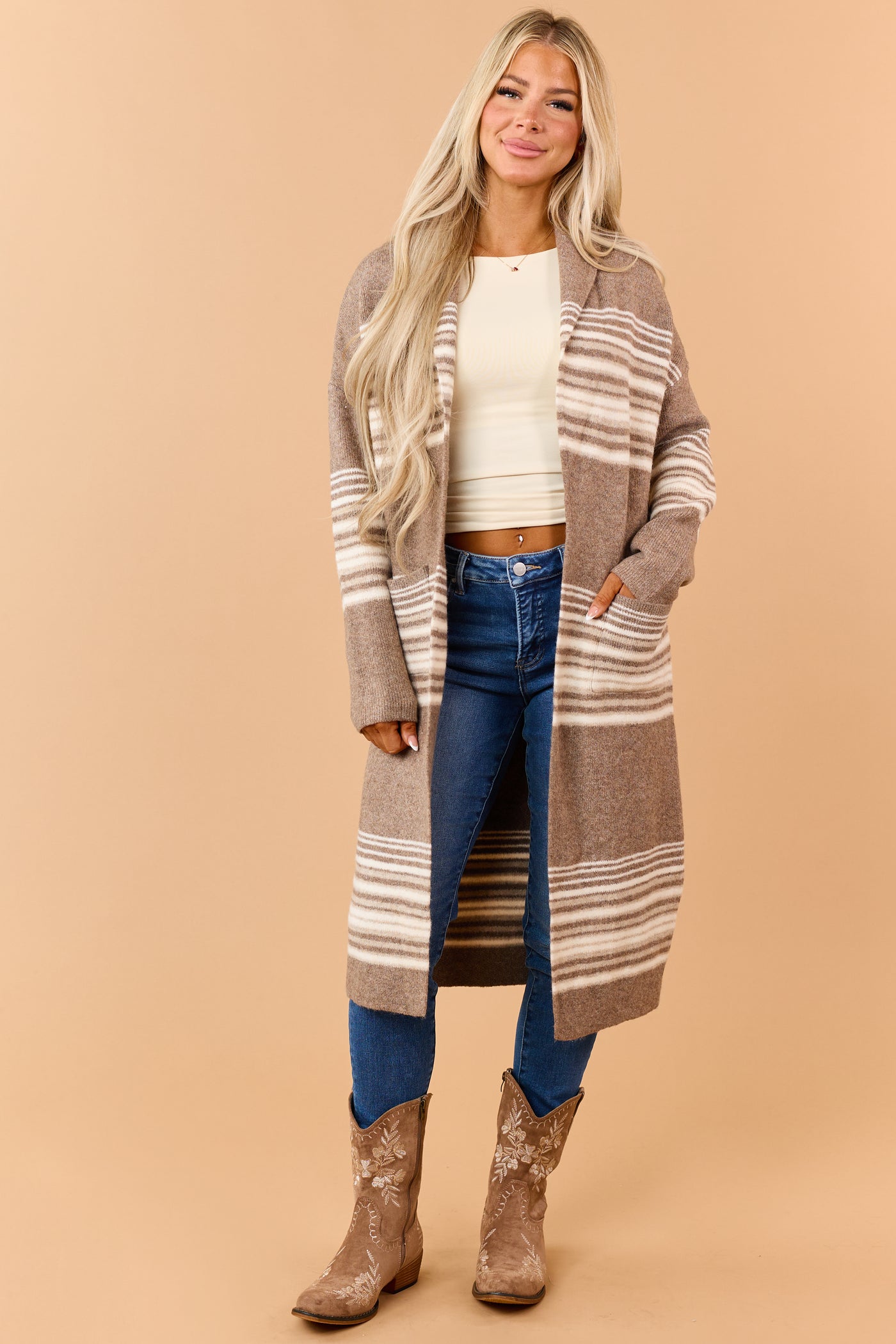 Mocha Brown Striped Open Front Duster Cardigan