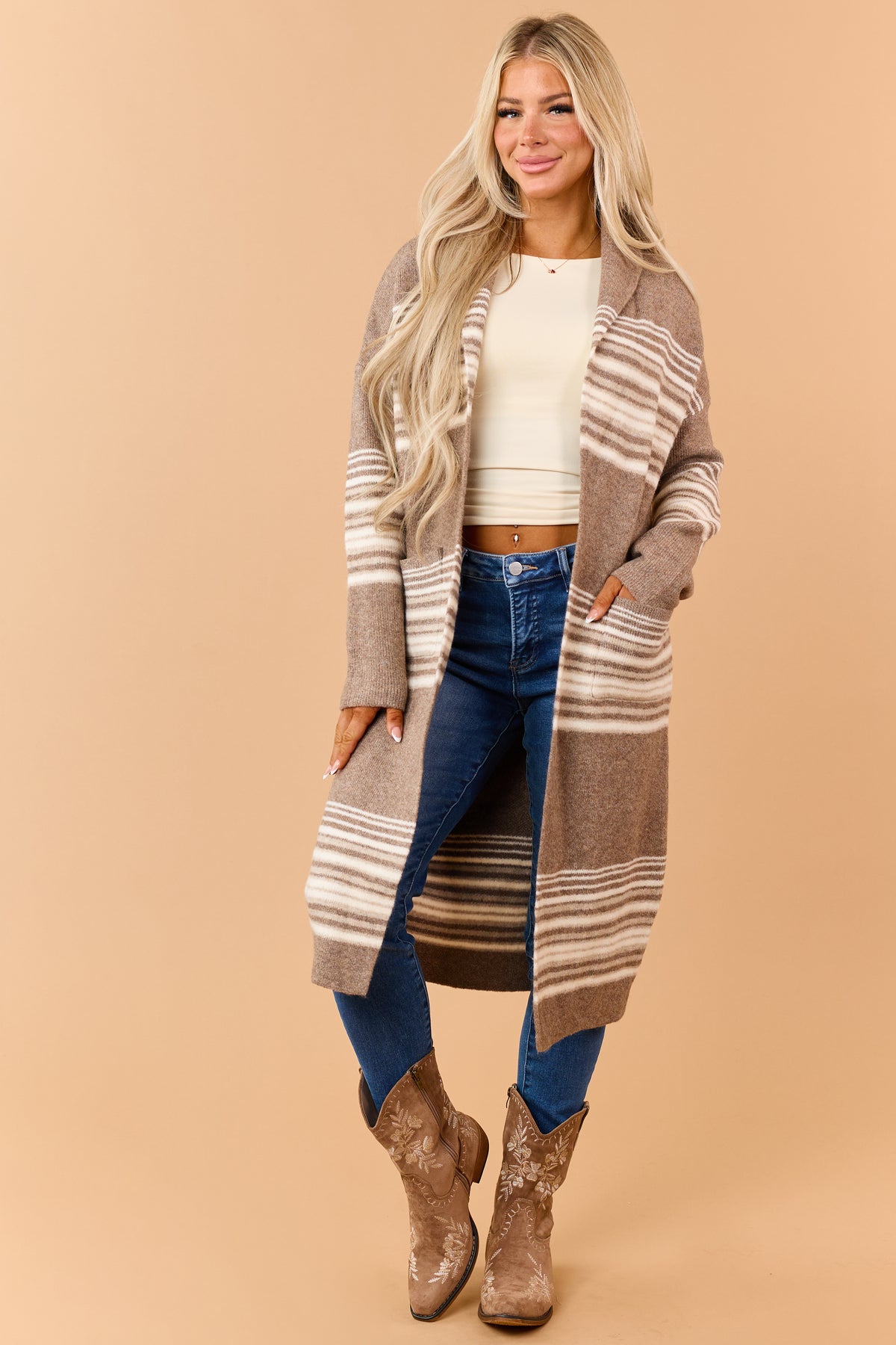 Mocha Brown Striped Open Front Duster Cardigan