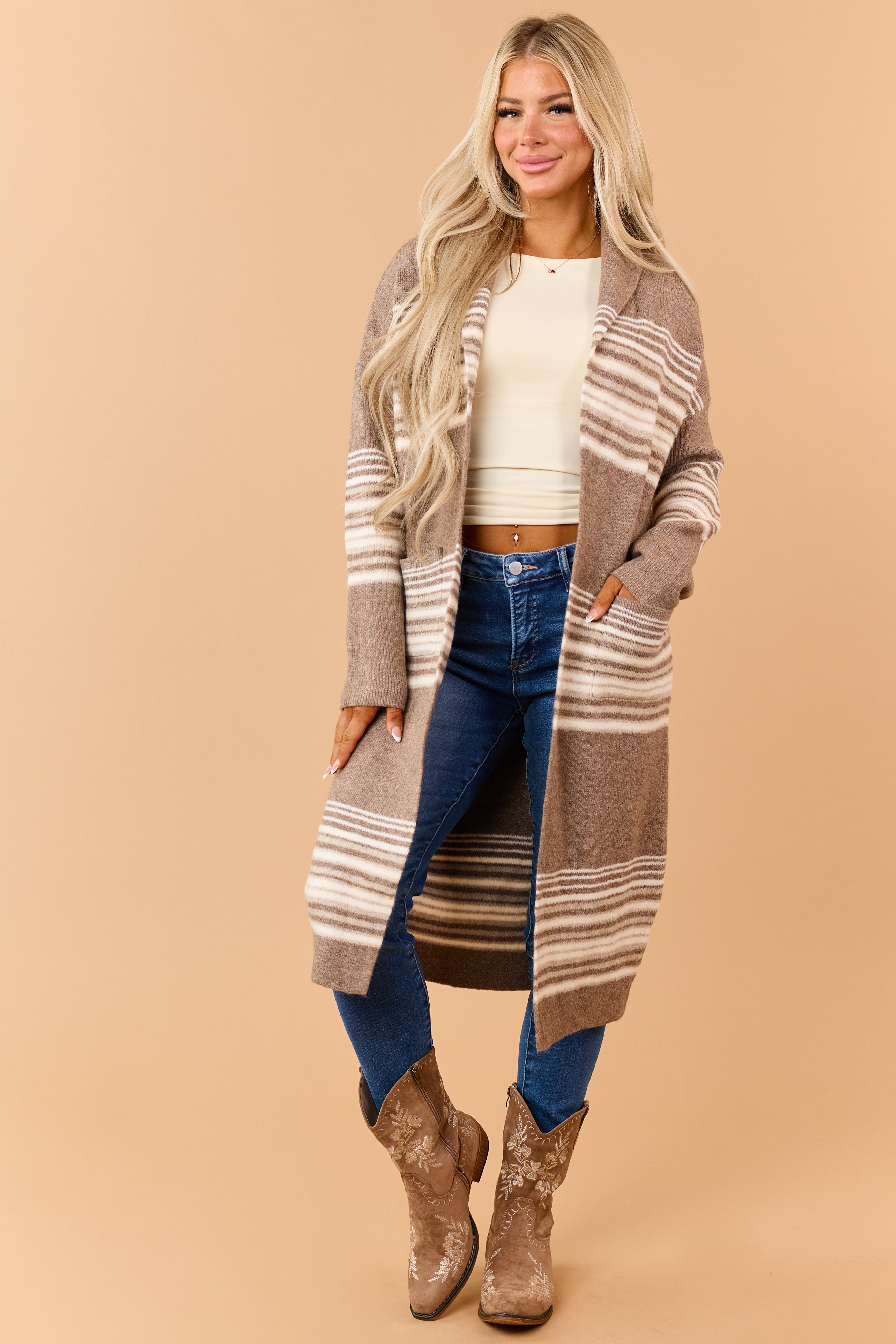 Mocha Brown Striped Open Front Duster Cardigan