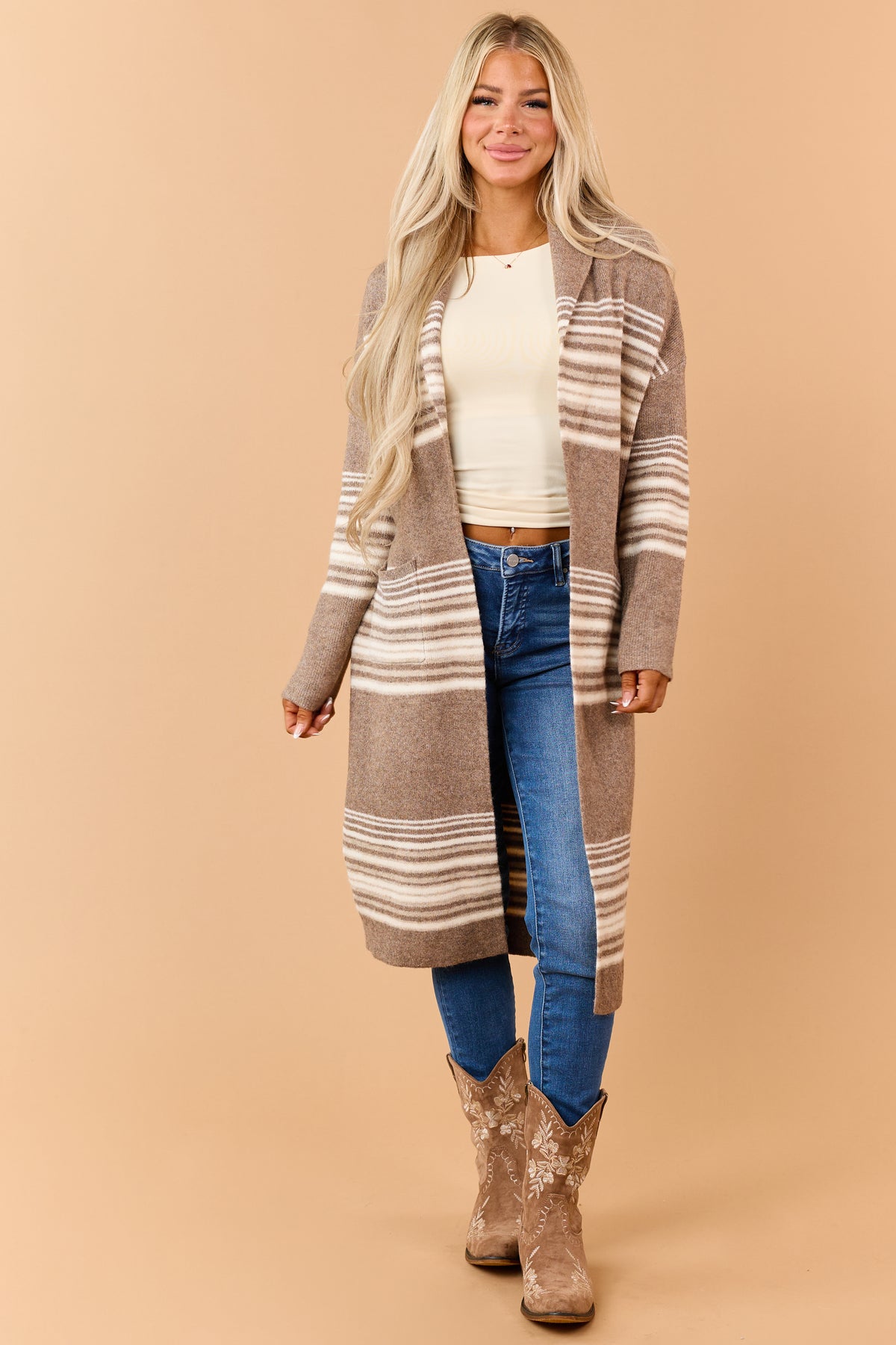 Mocha Brown Striped Open Front Duster Cardigan