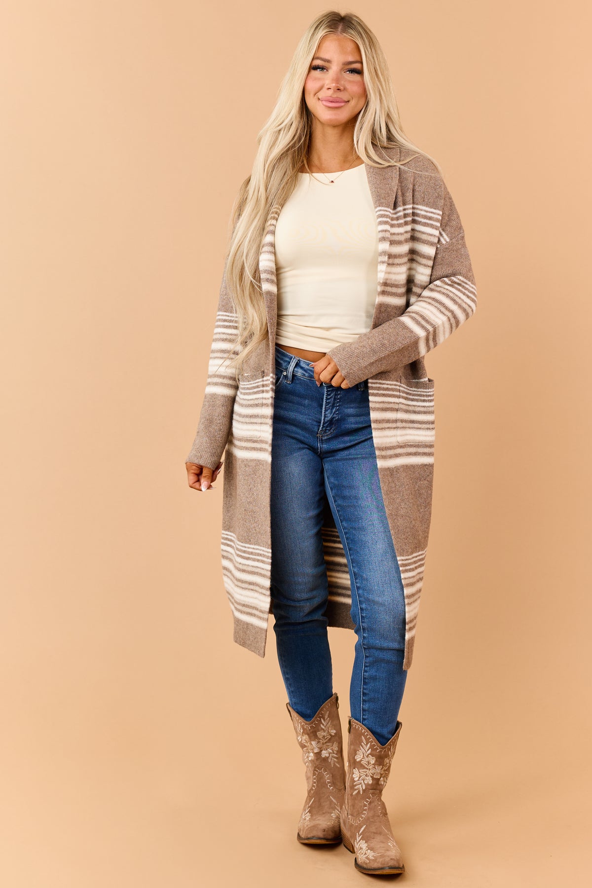 Mocha Brown Striped Open Front Duster Cardigan