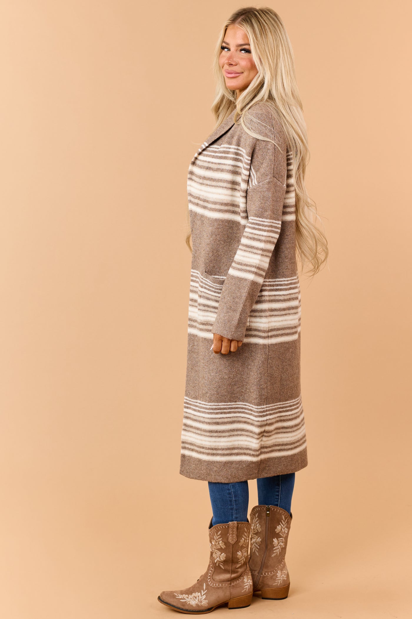 Mocha Brown Striped Open Front Duster Cardigan