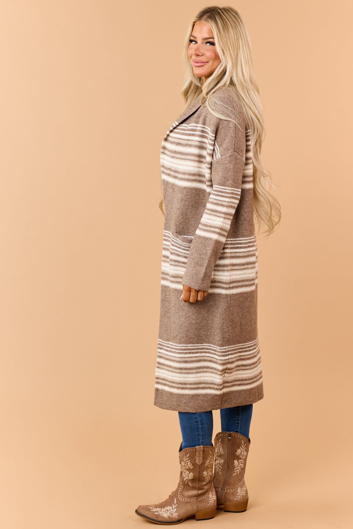 Mocha Brown Striped Open Front Duster Cardigan
