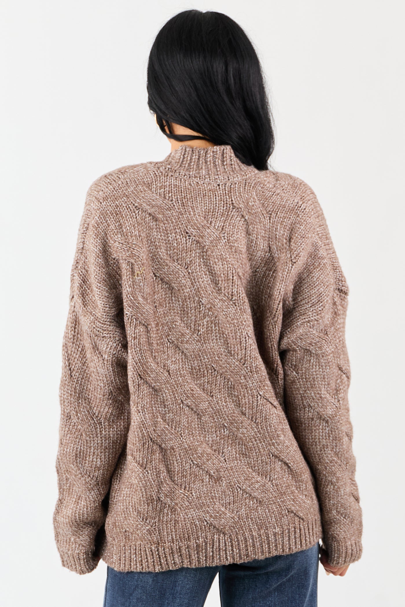 Mocha Cable Knit Open Front Wool Blend Cardigan