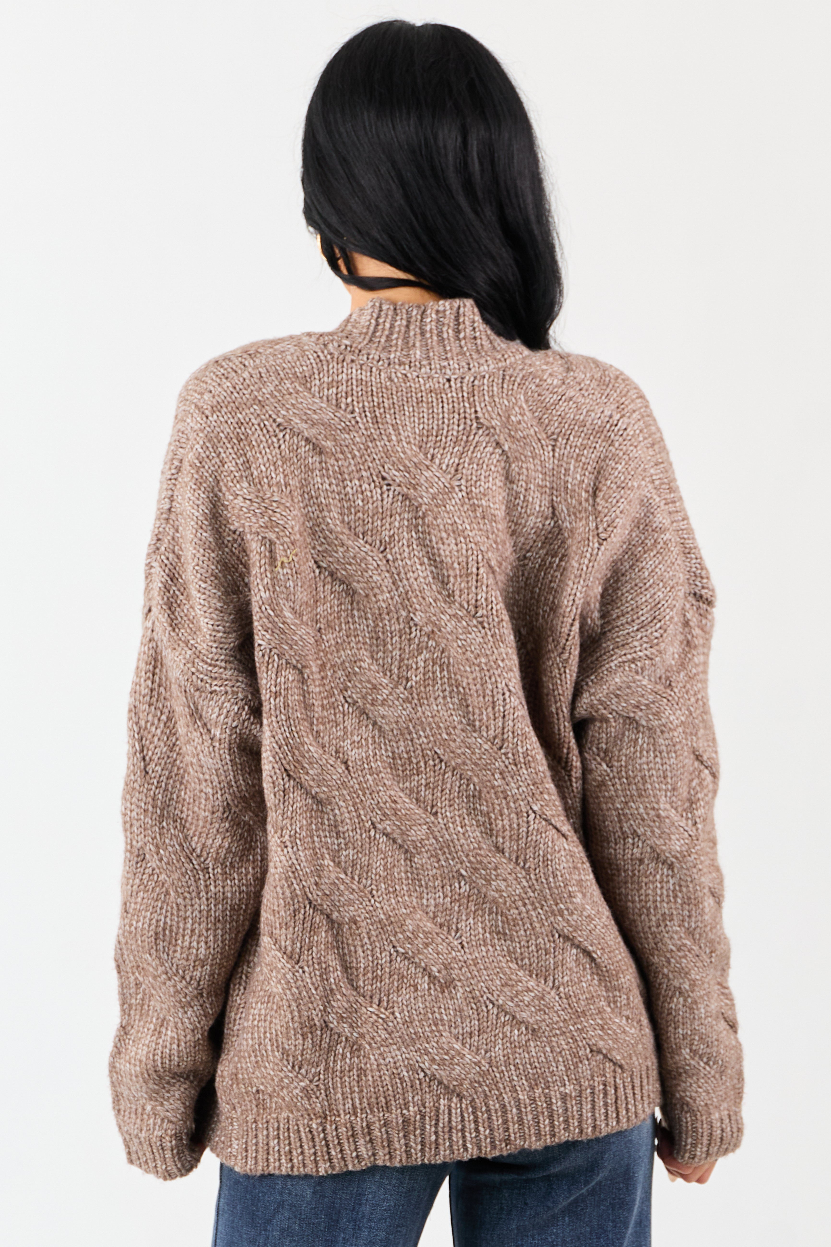 Mocha Cable Knit Open Front Wool Blend Cardigan