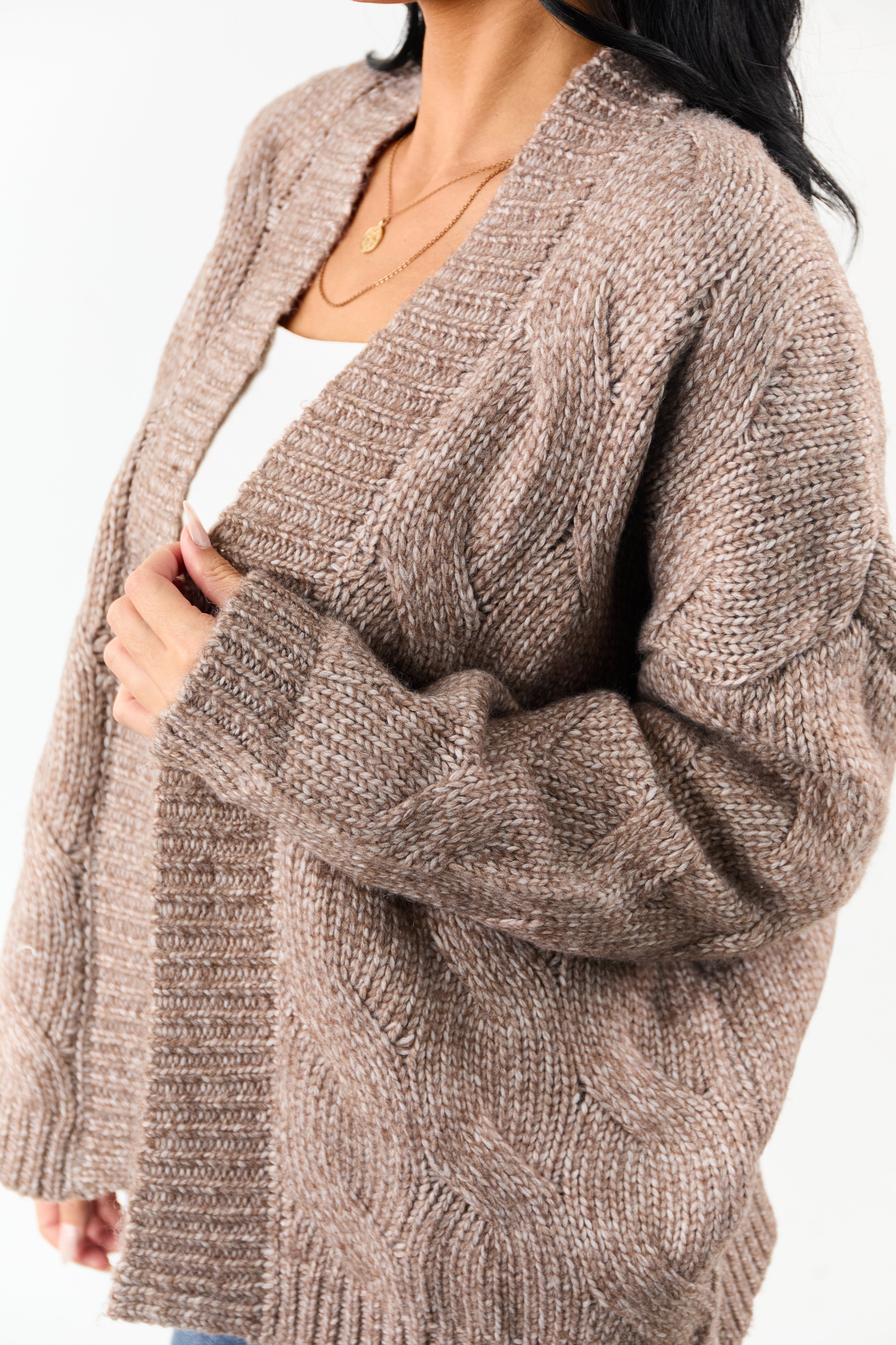 Mocha Cable Knit Open Front Wool Blend Cardigan