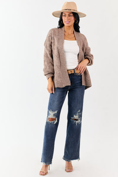 Mocha Cable Knit Open Front Wool Blend Cardigan