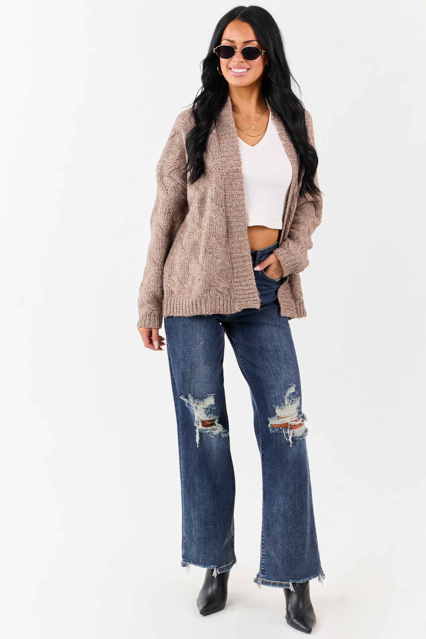 Mocha Cable Knit Open Front Wool Blend Cardigan