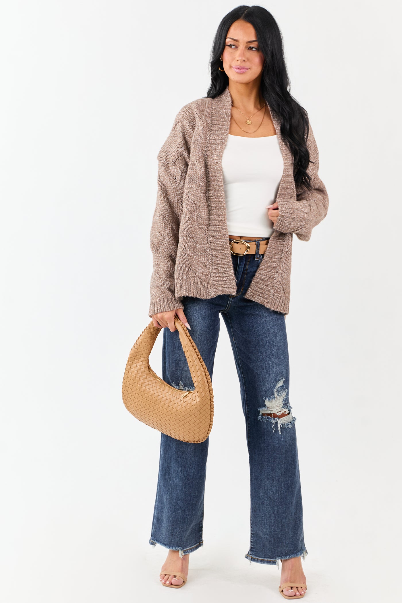 Mocha Cable Knit Open Front Wool Blend Cardigan