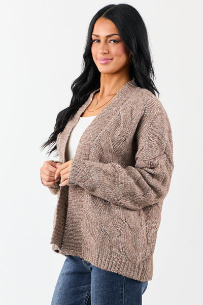Mocha Cable Knit Open Front Wool Blend Cardigan