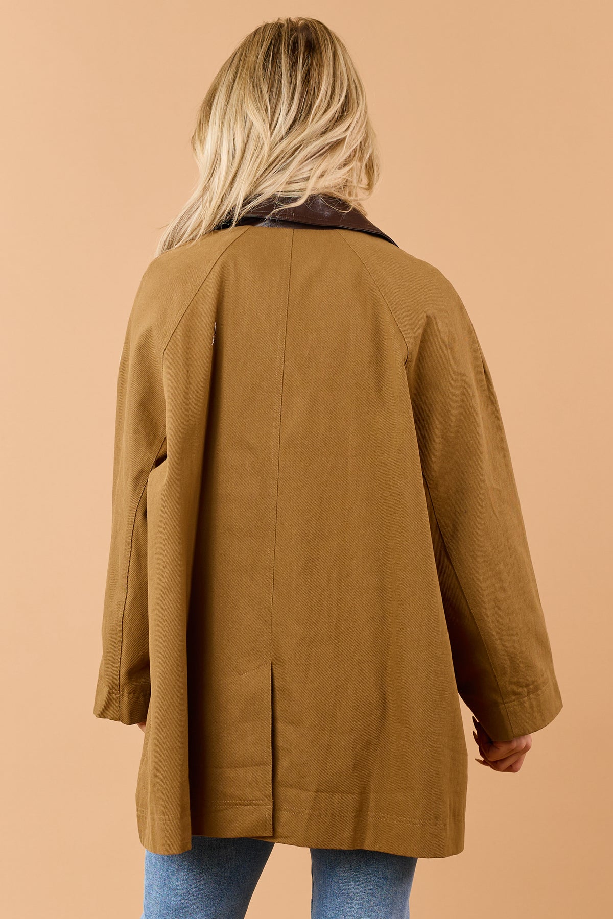 Mocha Cotton Contrast Faux Leather Collar Coat