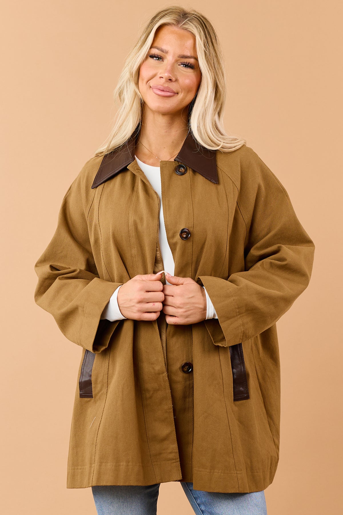 Mocha Cotton Contrast Faux Leather Collar Coat