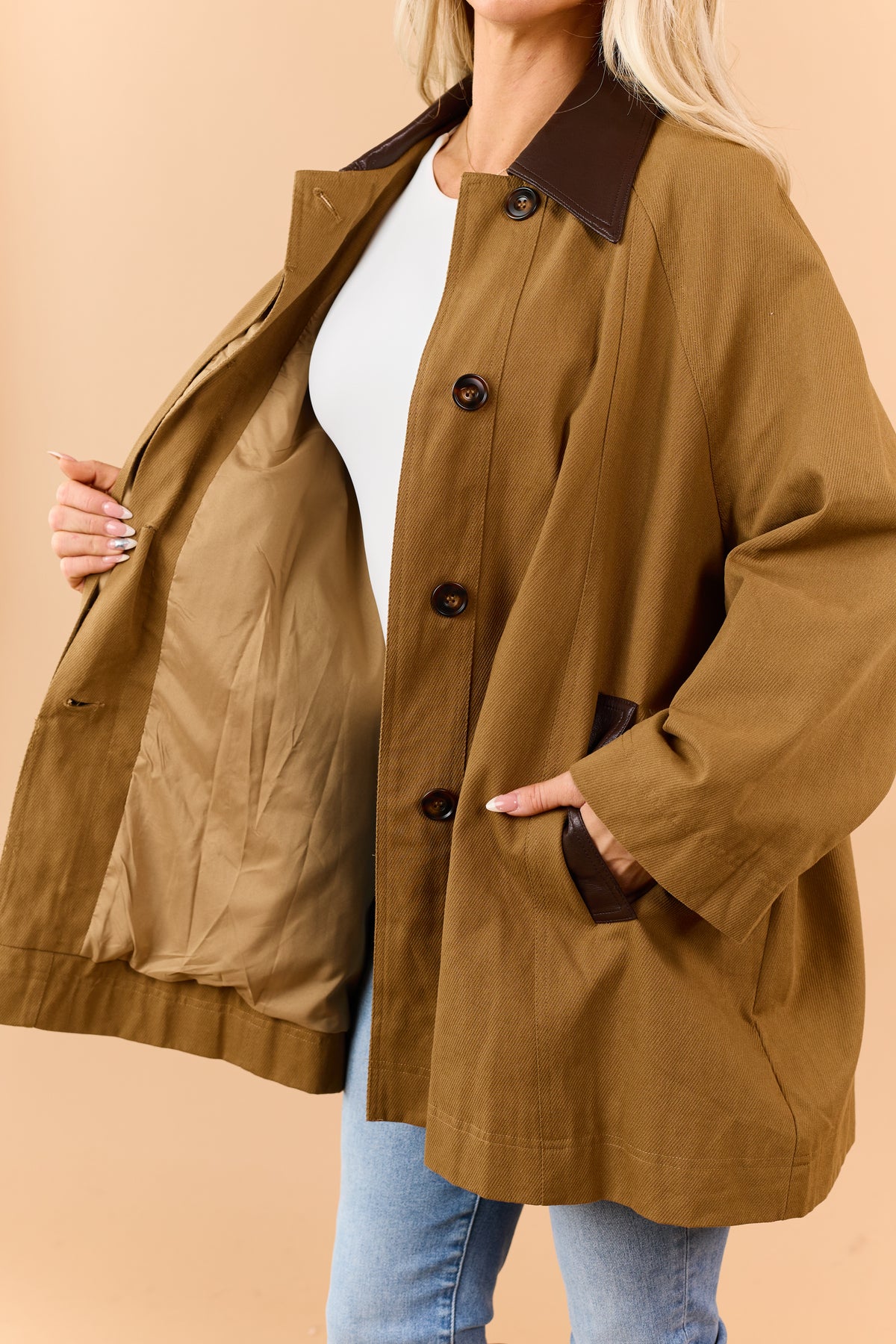 Mocha Cotton Contrast Faux Leather Collar Coat