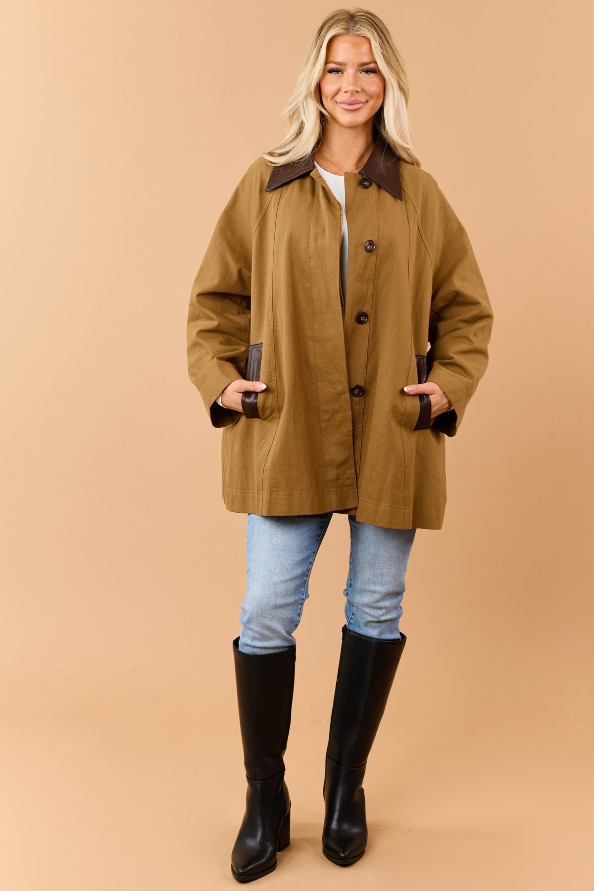 Mocha Cotton Contrast Faux Leather Collar Coat