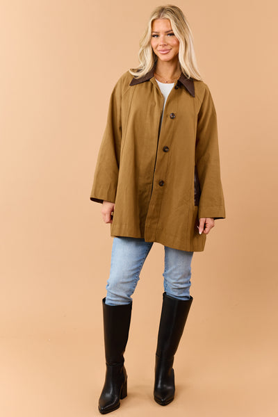 Mocha Cotton Contrast Faux Leather Collar Coat