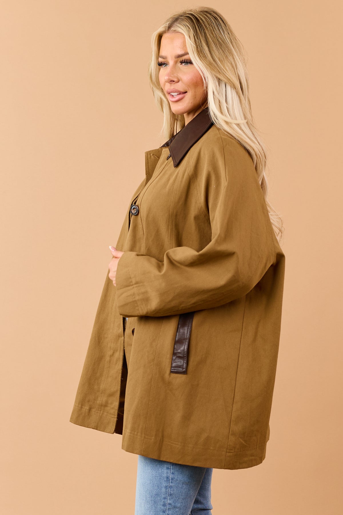 Mocha Cotton Contrast Faux Leather Collar Coat